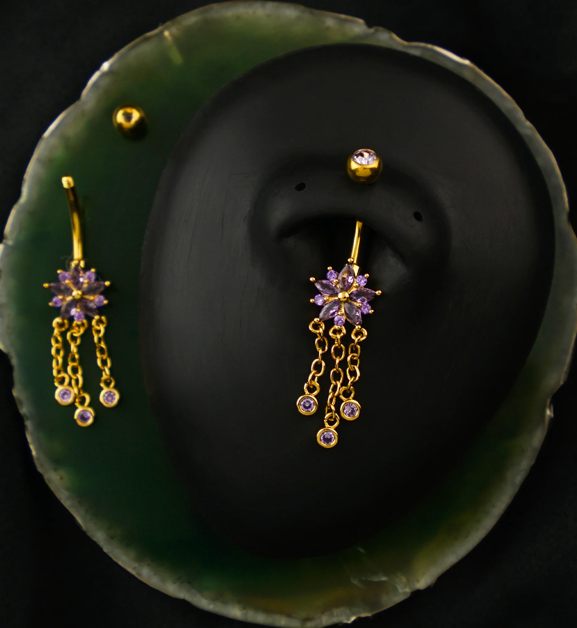 Gold PVD Flower Triple Amethyst CZ Dangle Stainless Steel Belly Button Ring - Image 2