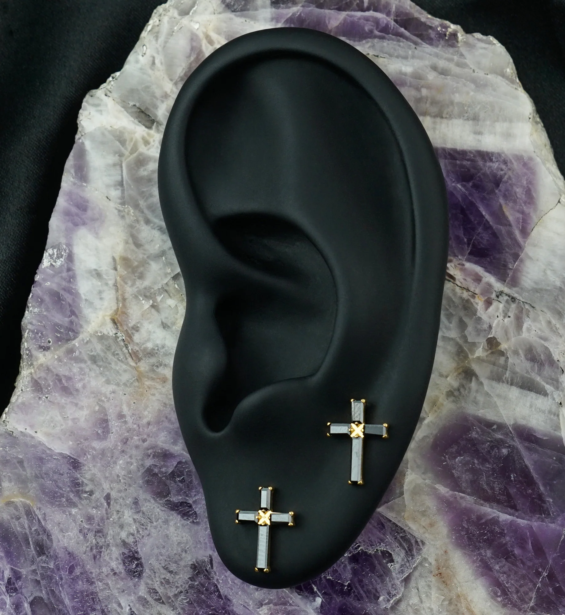Gold PVD Geo Cross Black CZ Titanium Threadless Top - Image 2