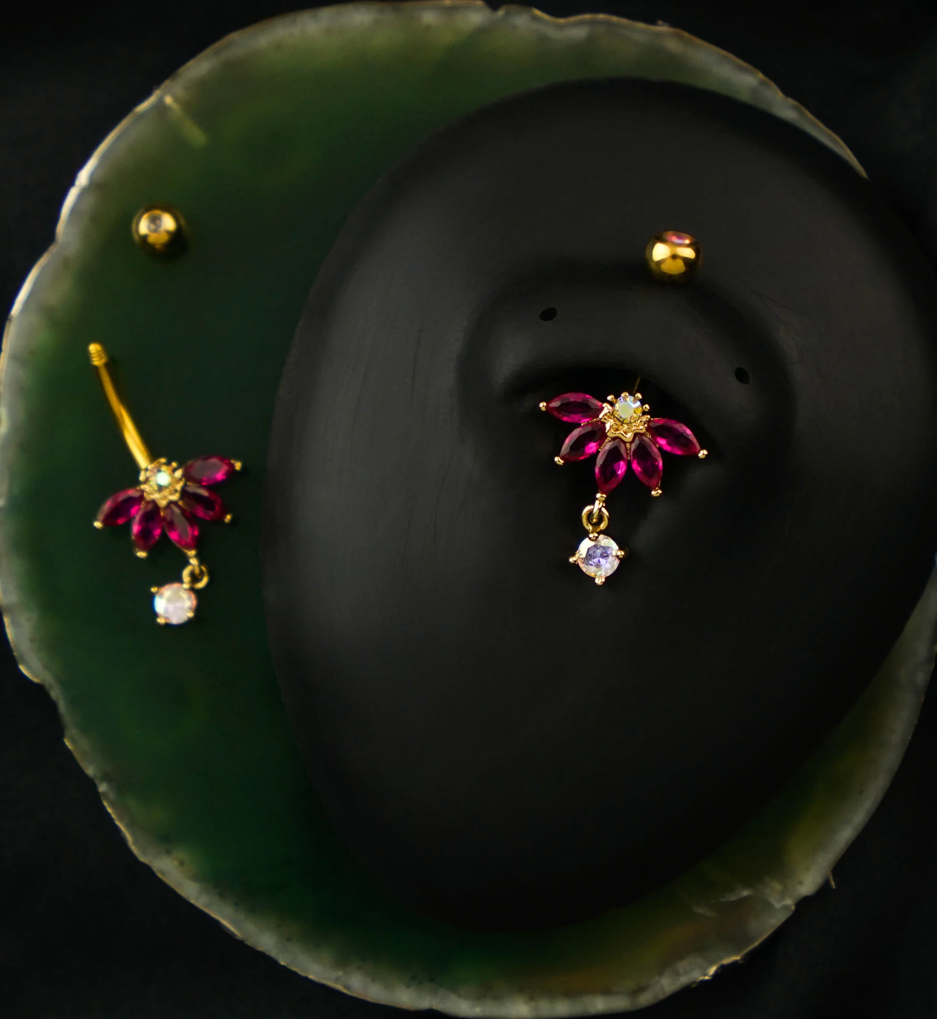 Gold PVD Half Flower Fuchsia And Rainbow Aurora CZ Dangle Stainless Steel Belly Button Ring - Image 2