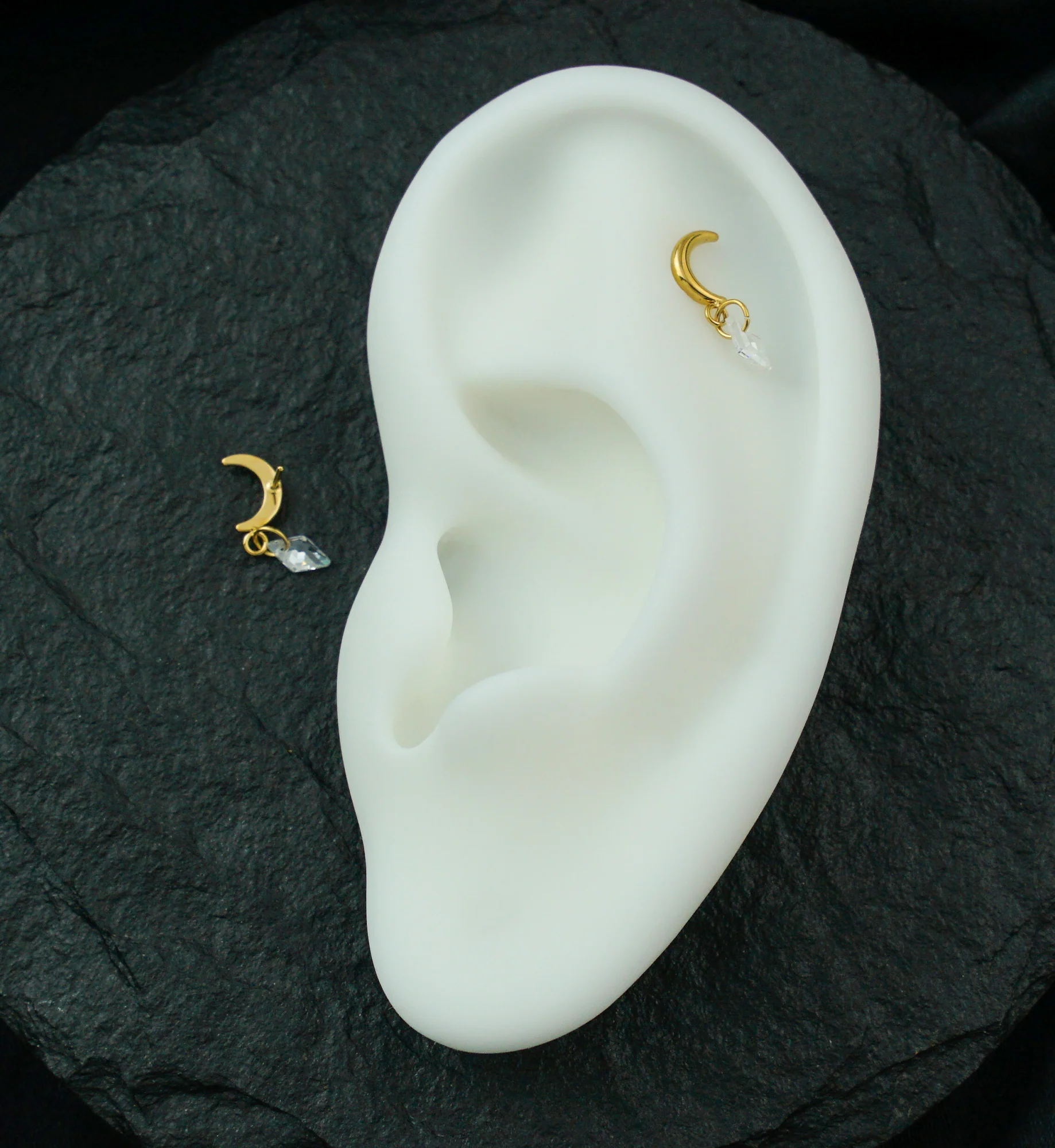 Gold PVD Half Moon Dangle Diamond CZ Titanium Threadless Top - Image 2