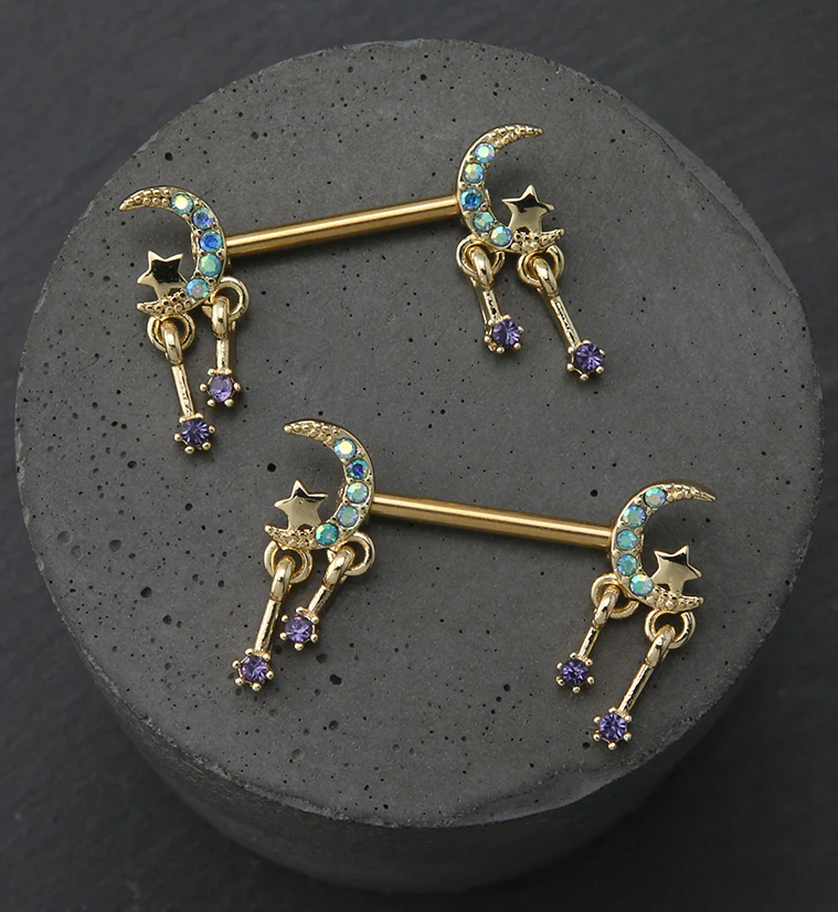 Gold PVD Half Moon Dangle Star Blue Aurora CZ Stainless Steel Nipple Barbell - Image 2
