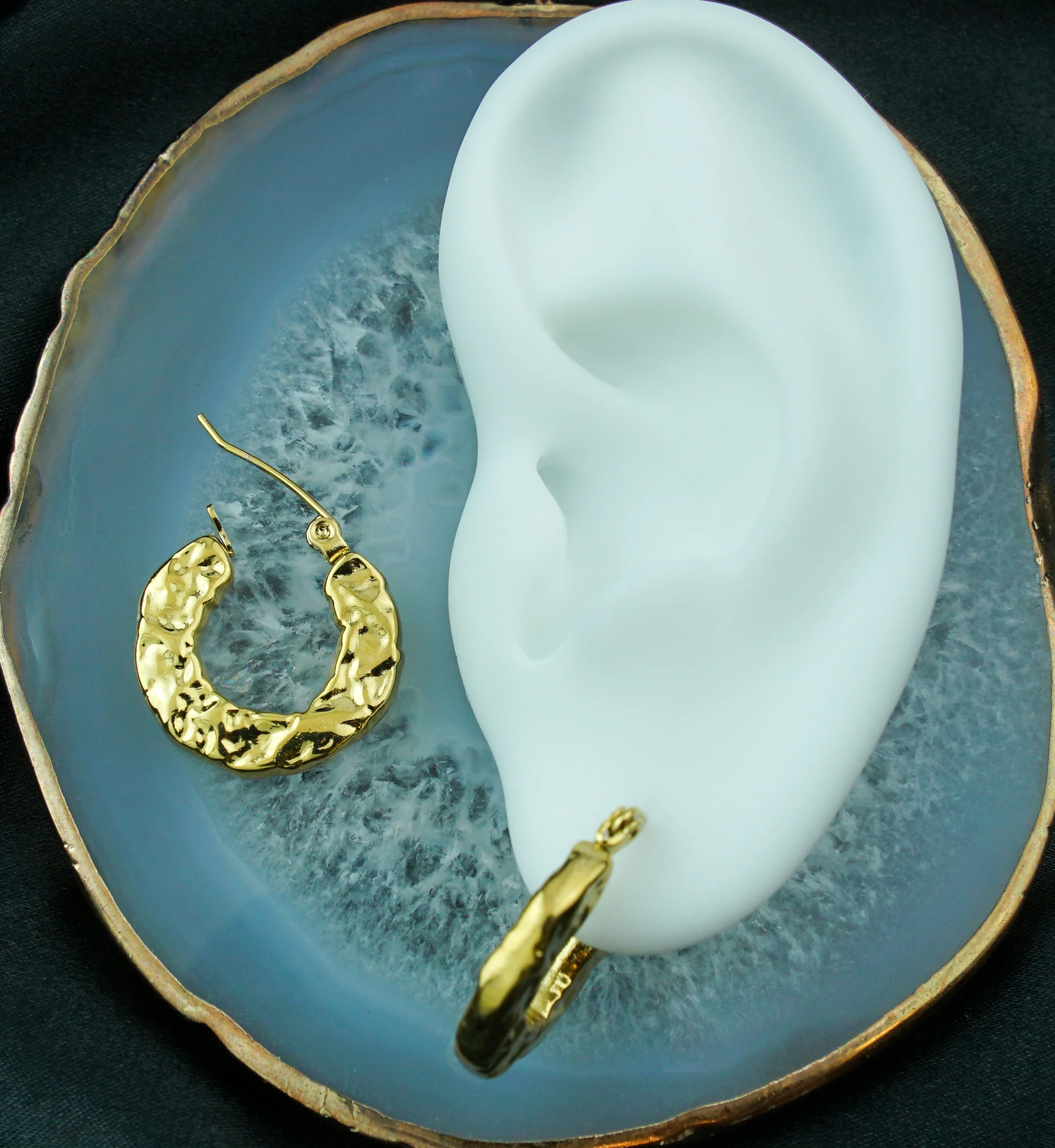 Gold PVD Hammered Hoop Stainless Steel Hinged Earrings - Image 2