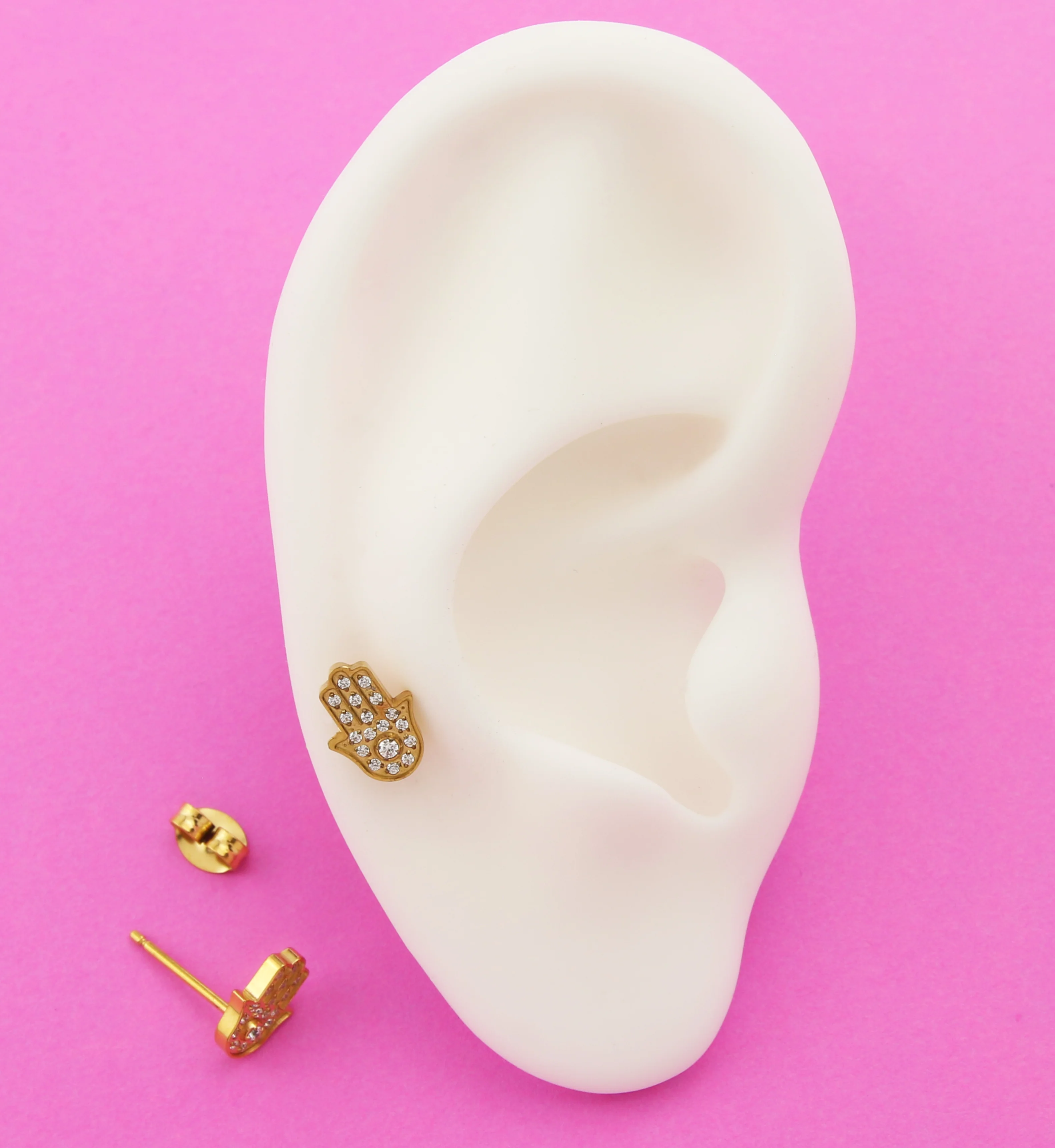 Gold PVD Hamsa Hand Titanium Threadless Stud Earrings - Image 2