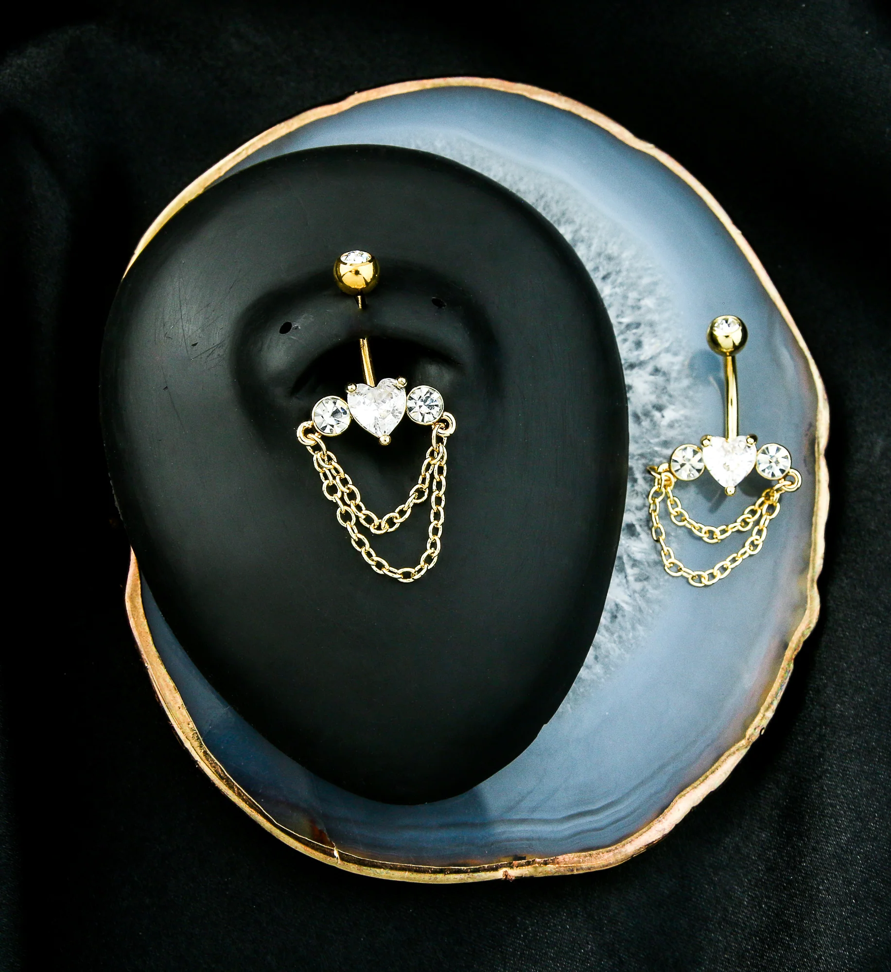 Gold PVD Heart Center Clear CZ Double Dangle Chain Stainless Steel Belly Button Ring - Image 2