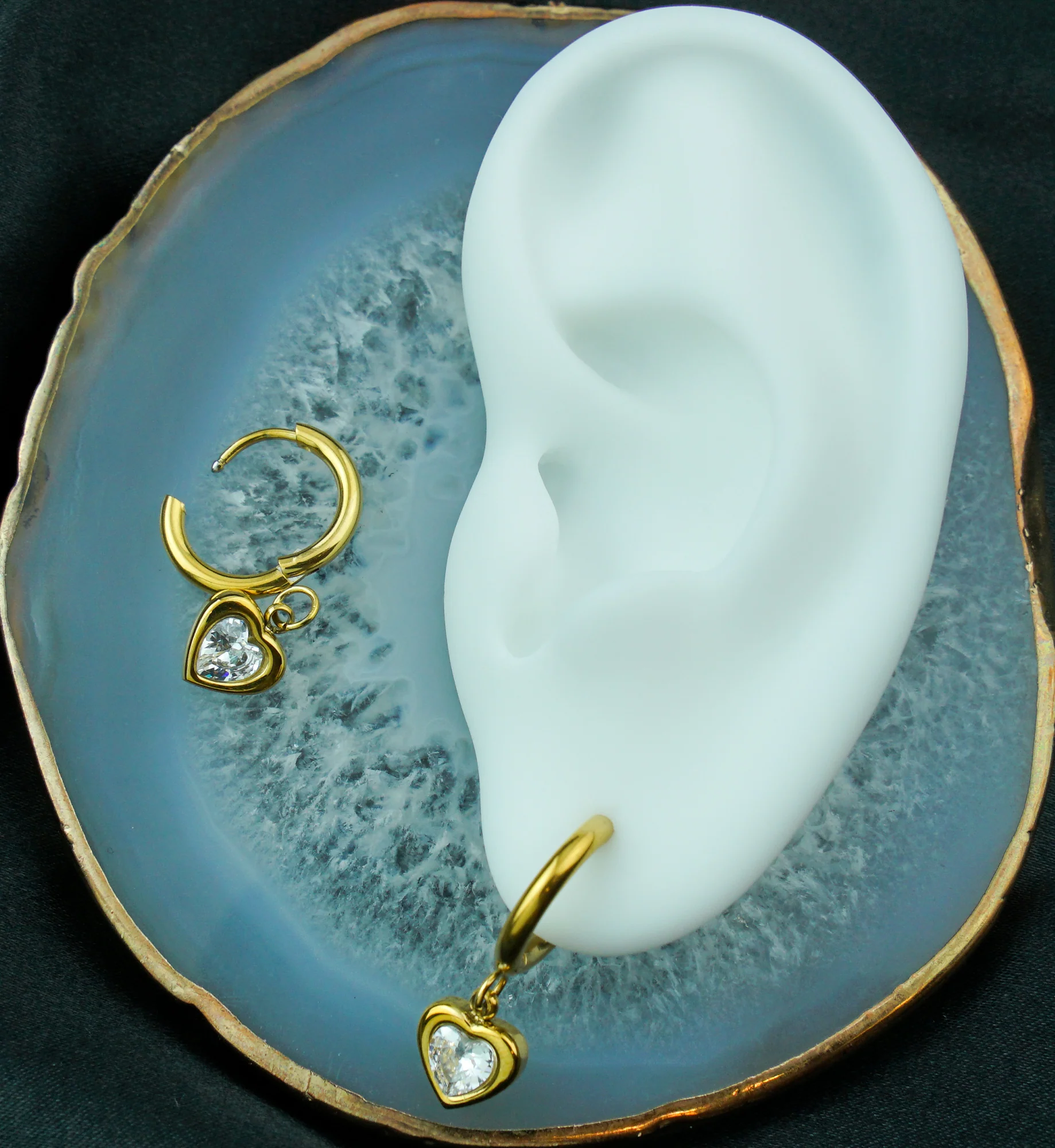 Gold PVD Heart Clear CZ Dangle Stainless Steel Hinged Earrings - Image 2