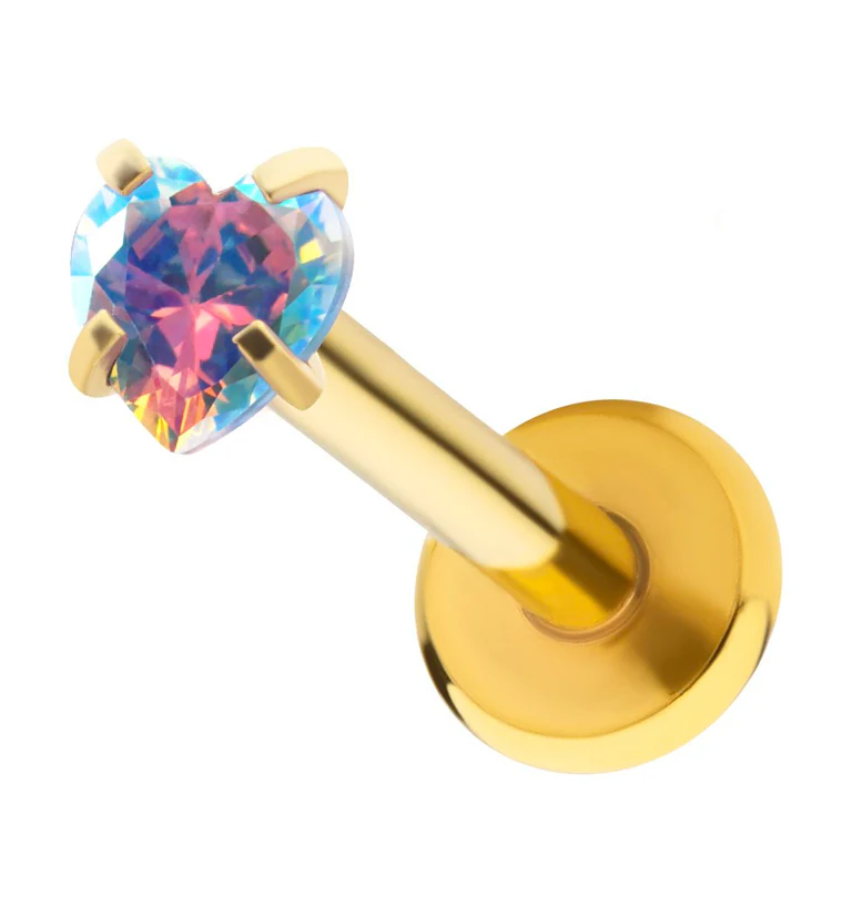 Gold PVD Heart Rainbow Aurora CZ Stainless Steel Internally Threaded Labret