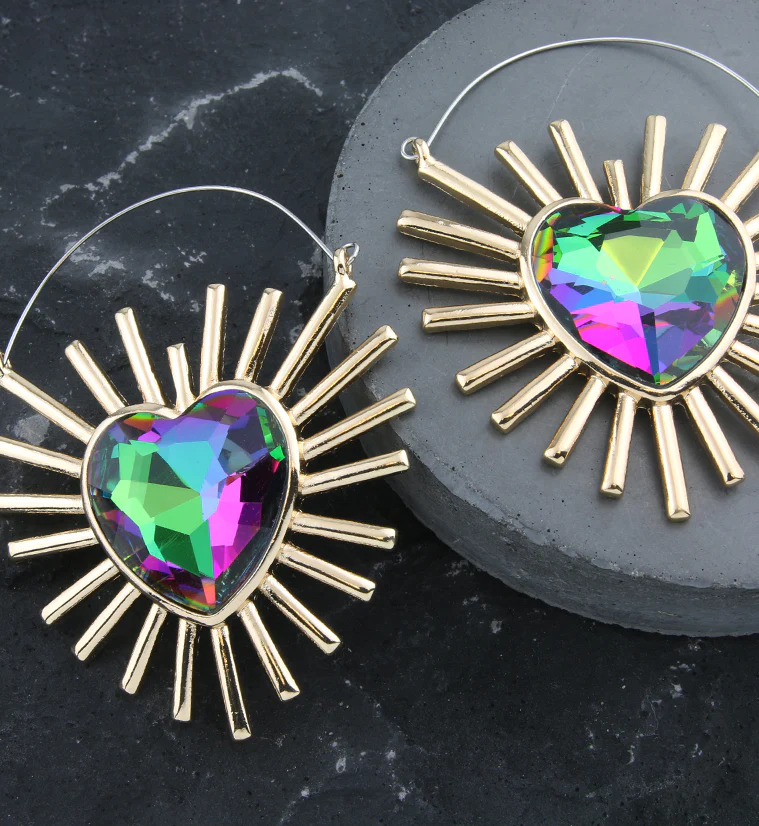 Gold PVD Heart Rays Black Aurora CZ Stainless Steel Plug Hoops - Image 2