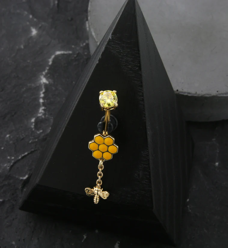 Gold PVD Honeycomb Bee Yellow CZ Stainless Steel Belly Button Ring - Image 2