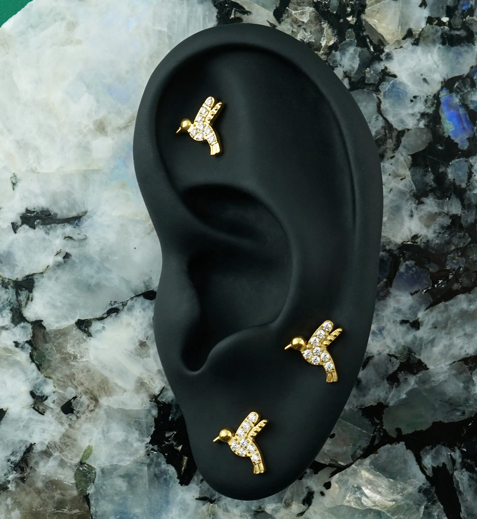 Gold PVD Hummingbird Clear CZ Titanium Threadless Top - Image 2
