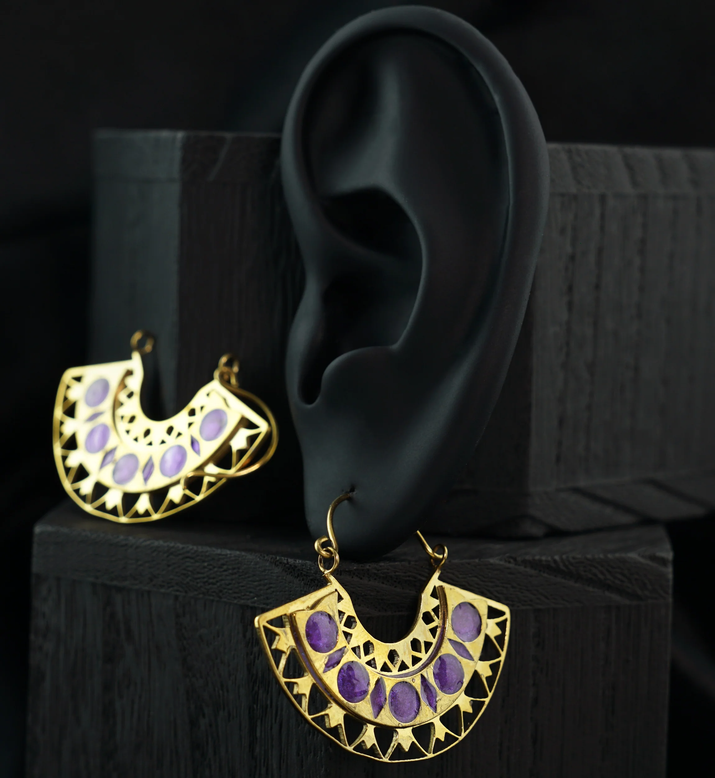 Gold PVD Insignia Purple Epoxy Stainless Steel Earrings - Image 2