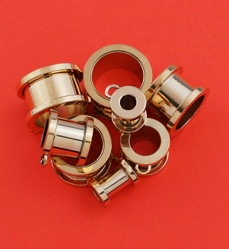 Gold PVD Jump Ring Stainless Steel Screw Back Tunnel Plugs - Image 3