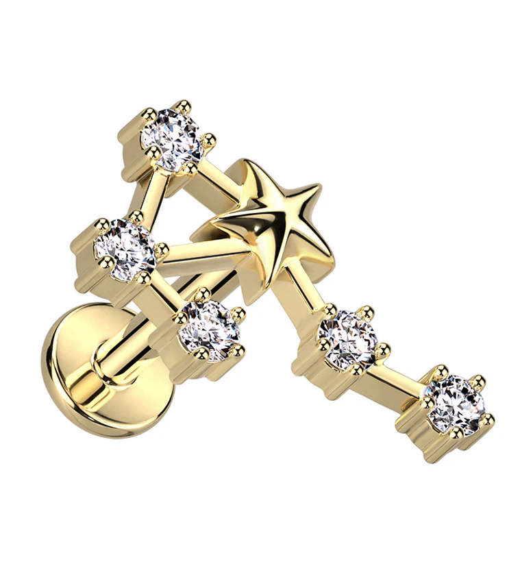 Gold PVD Libra Constellation Clear CZ Stainless Steel Internally Threaded Labret