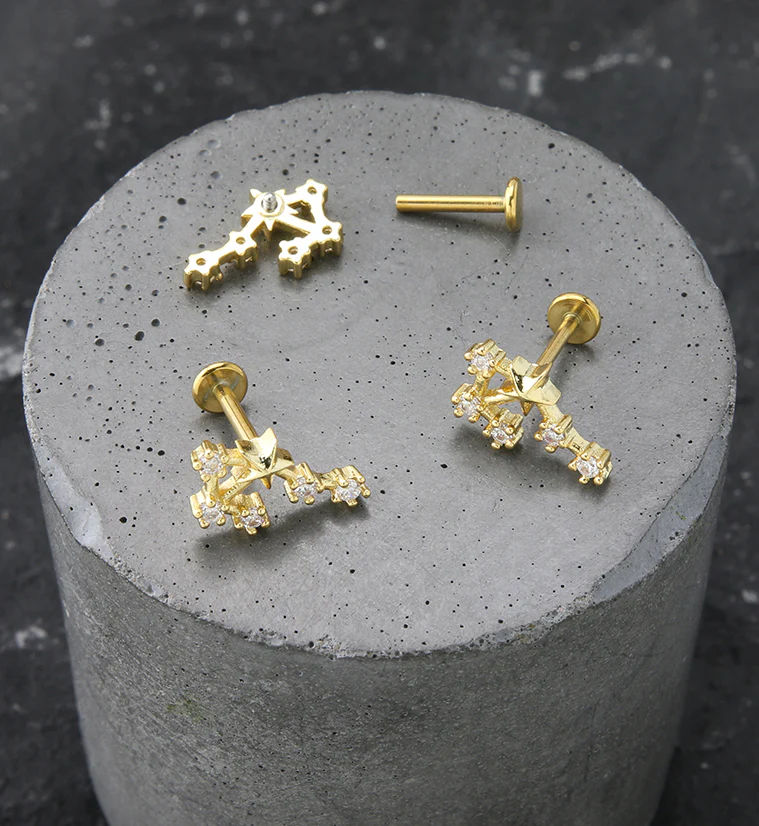 Gold PVD Libra Constellation Clear CZ Stainless Steel Internally Threaded Labret - Image 2