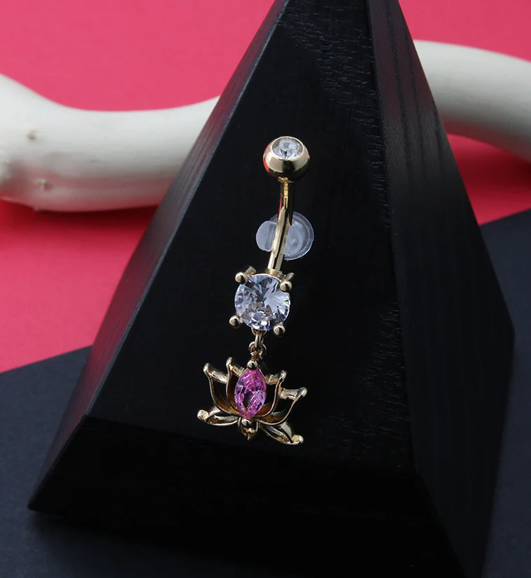 Gold PVD Lotus Flower Pink CZ Belly Button Ring - Image 2