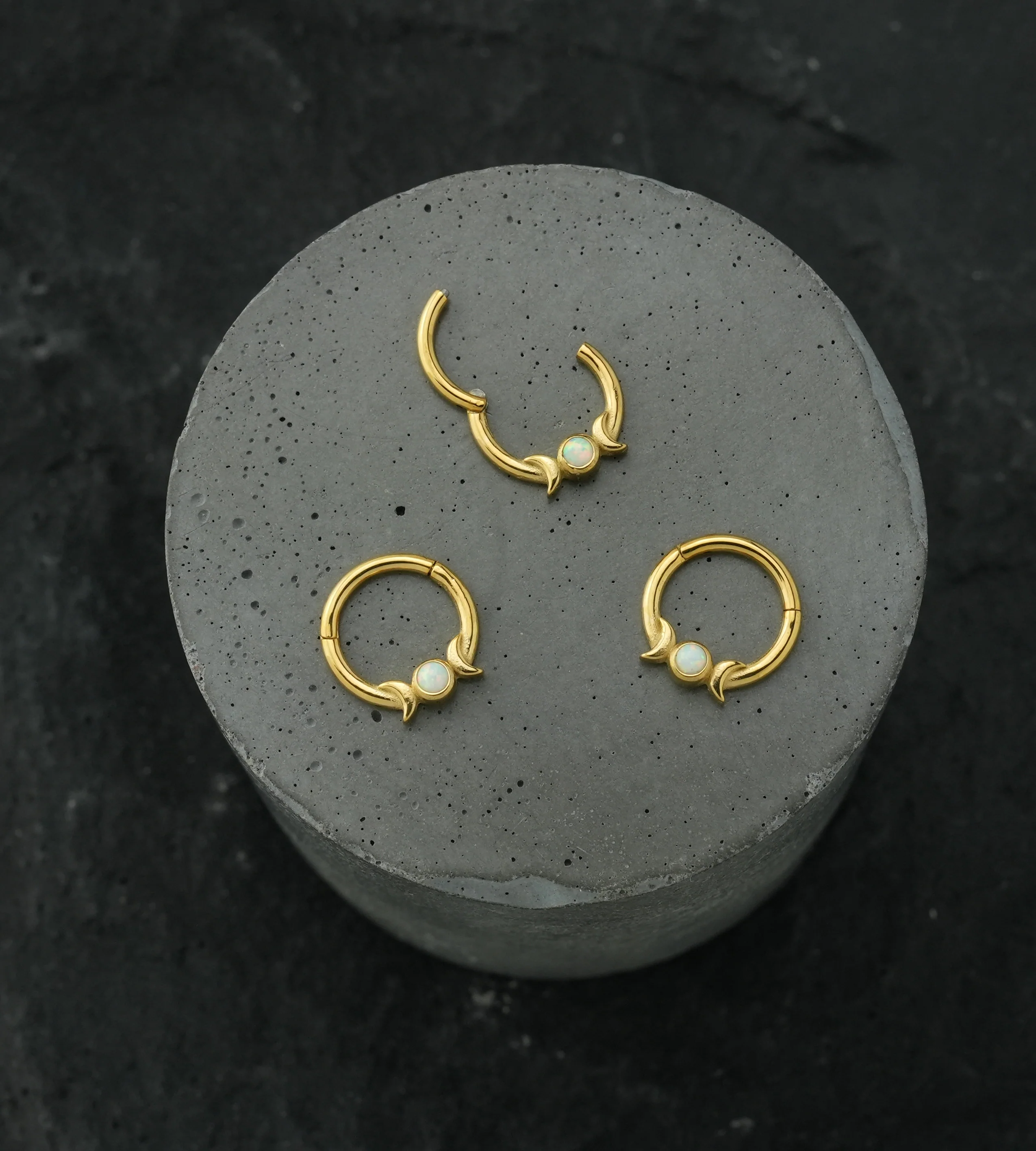 Gold PVD Lunar Phase White Opalite Stainless Steel Hinged Segment Ring - Image 2
