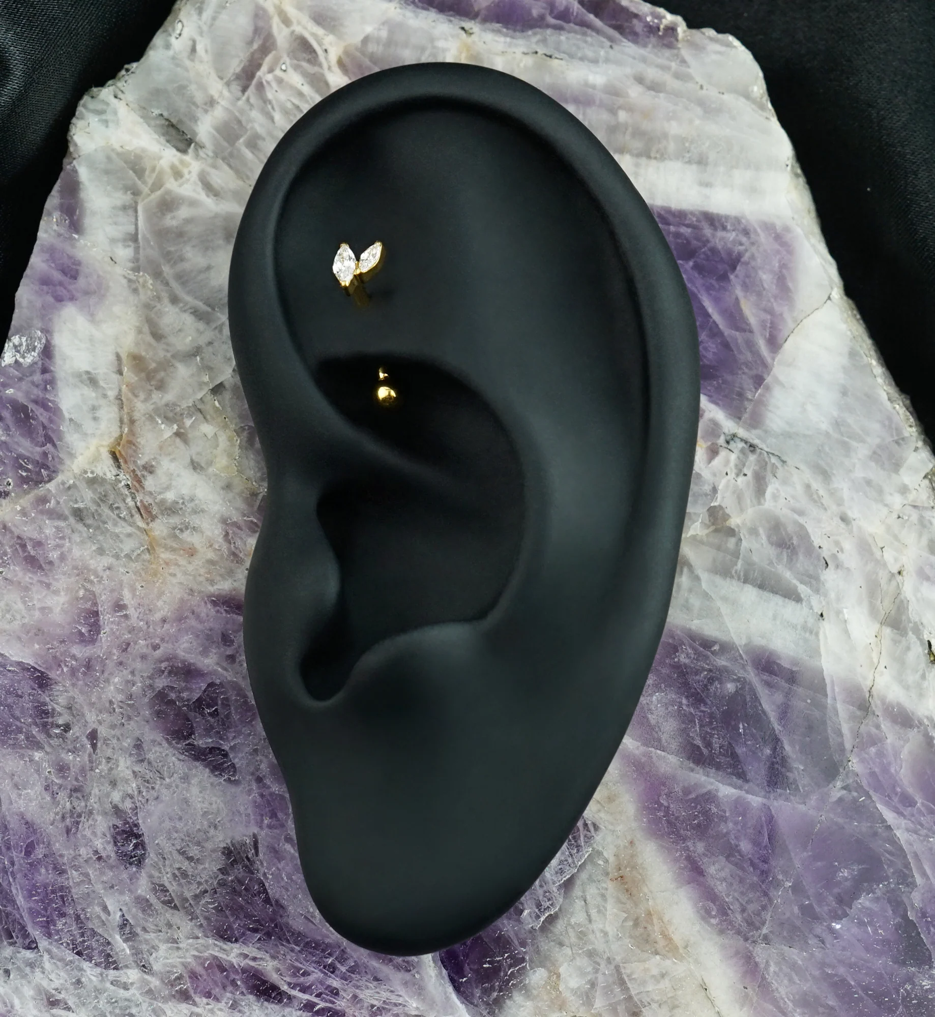 Gold PVD Marquise Frond CZ Titanium Threadless Curved Barbell - Image 2