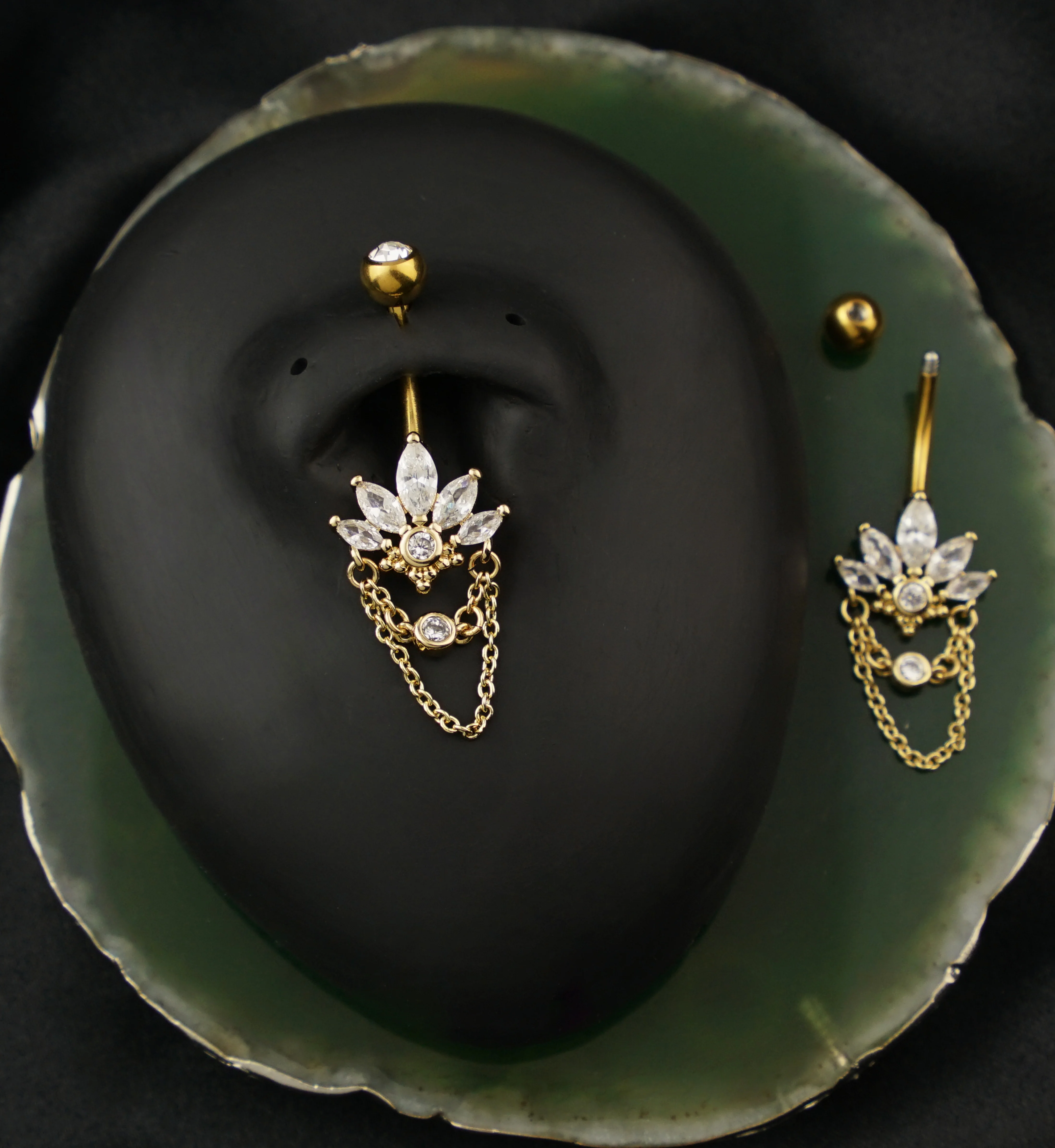 Gold PVD Marquise Lotus Clear CZ Dangle Chain Stainless Steel Belly Button Ring - Image 2