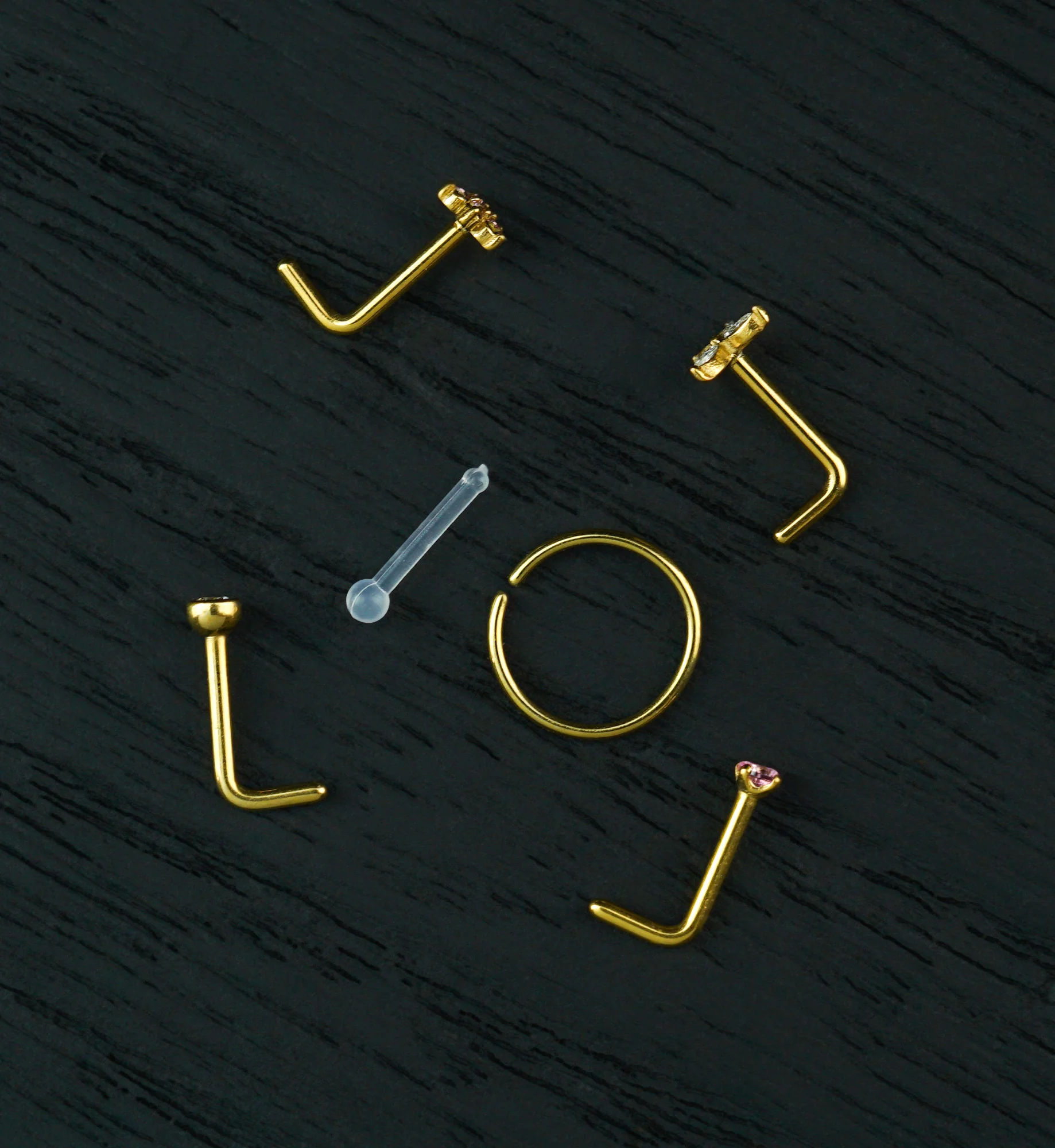 Gold PVD Meadow Clear And Pink CZ Stainless Steel L Bend/Stud/Hoop Nose Ring Pack (6 Pc)