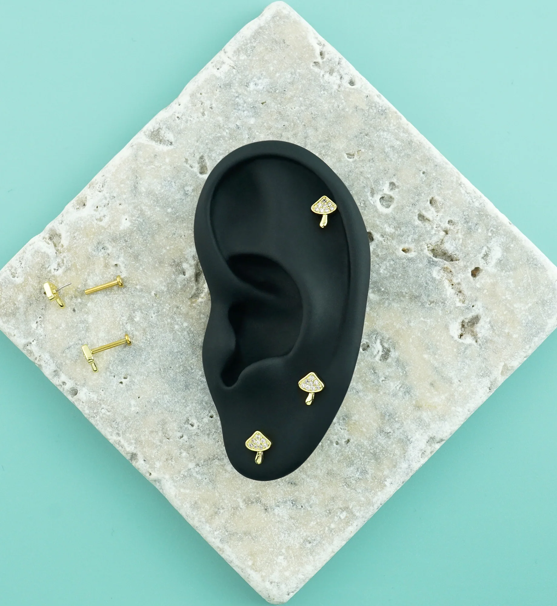 Gold PVD Mystical Mushroom CZ Stainless Steel Threadless Labret - Image 2
