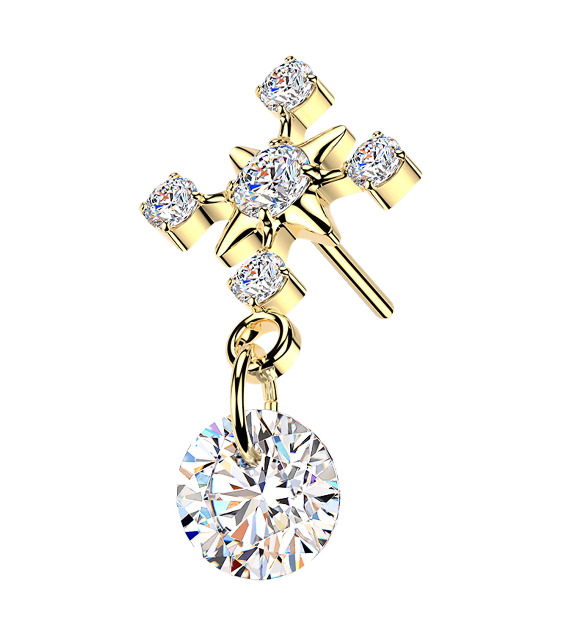 Gold PVD Ornamental Starburst Clear CZ Dangle Titanium Threadless Top