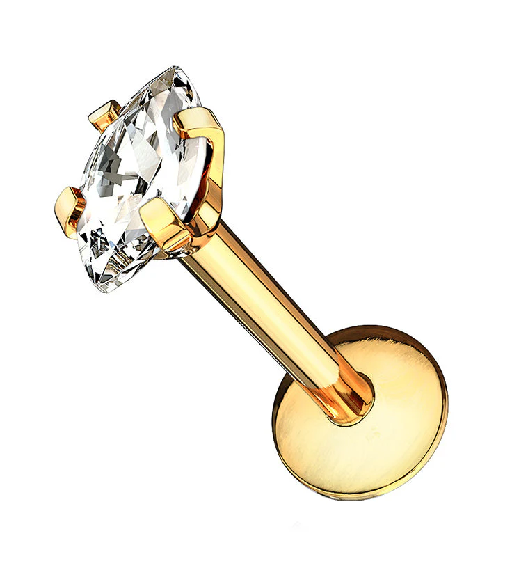Gold PVD Oval CZ Prong Internally Threaded Labret