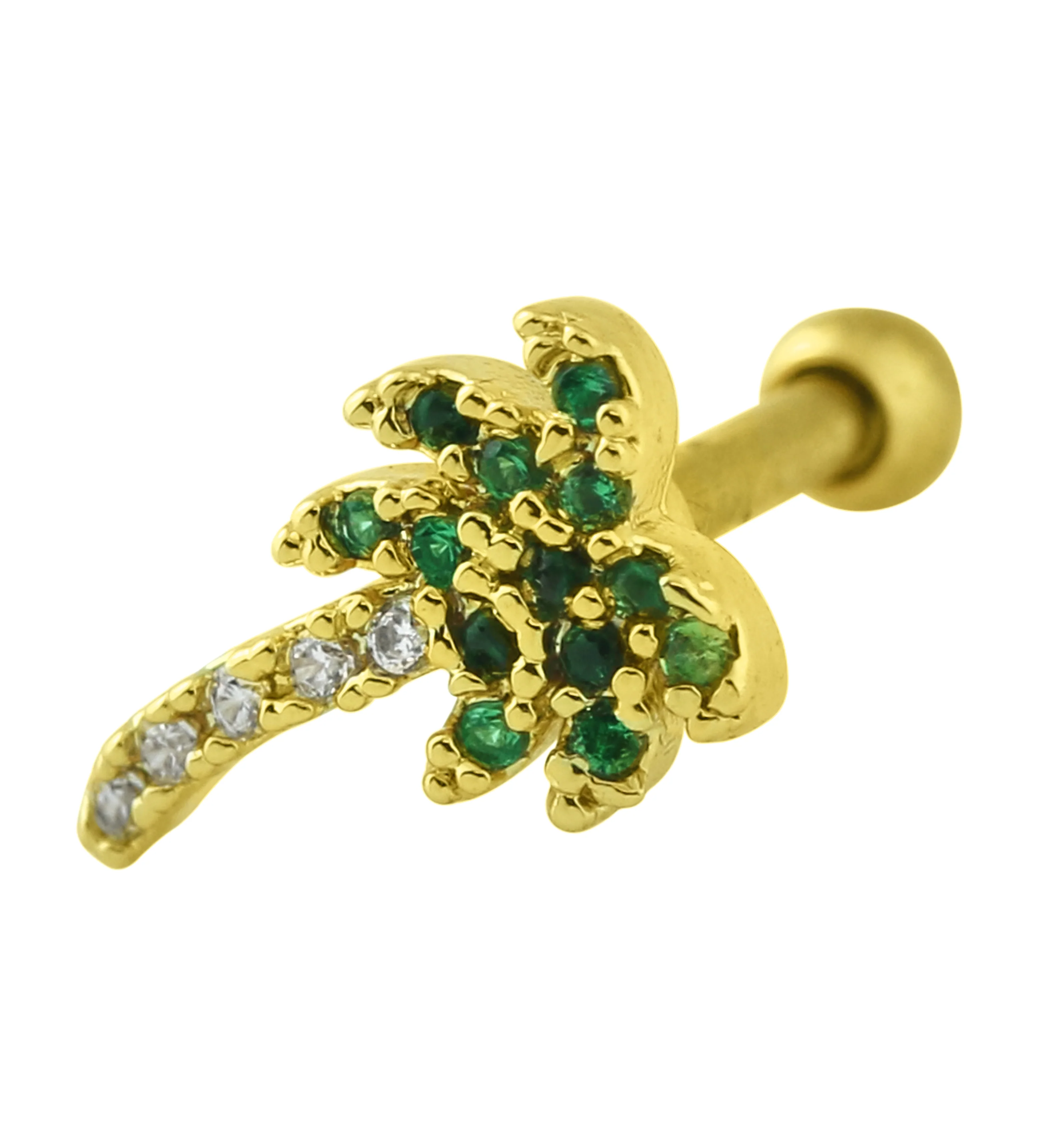 Gold PVD Palm Tree Green CZ Cartilage Barbell - Image 3