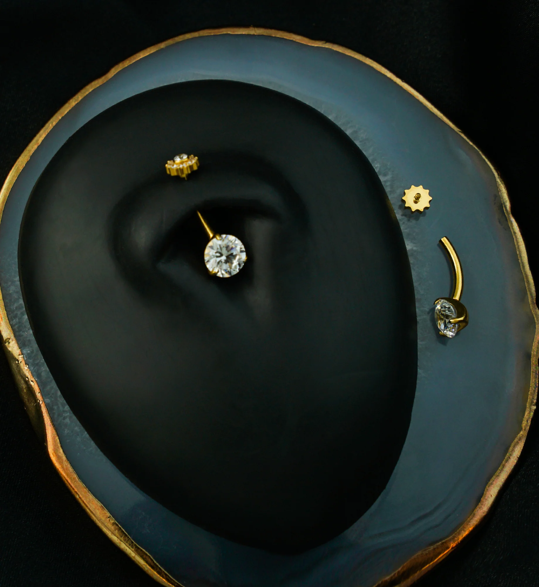 Gold PVD Pave Flower Clear CZ Titanium Internally Threaded Belly Button Ring - Image 2