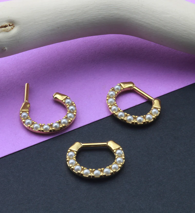 Gold PVD Pearl HInged Segment Hoop Ring - Image 2