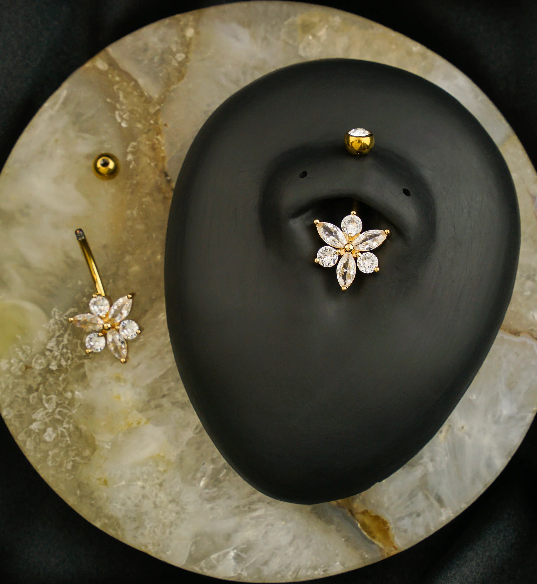 Gold PVD Pointed Flower Clear CZ Titanium Belly Button Ring - Image 2