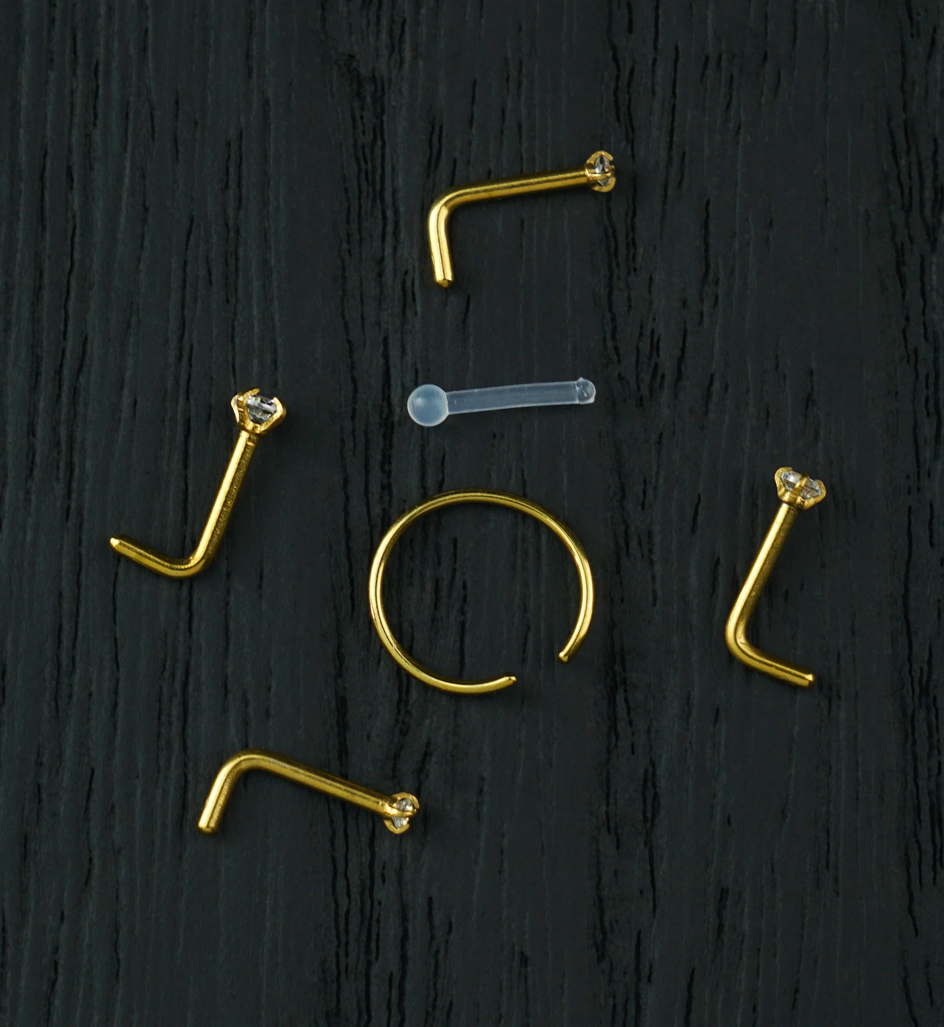 Gold PVD Prong Clear CZ Stainless Steel L Bend/Stud/Hoop Nose Ring Pack (6 Pc)