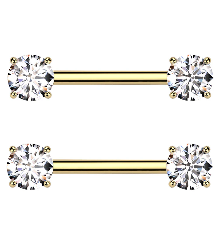 Gold PVD Prong Clear CZ Threadless Titanium Nipple Barbells