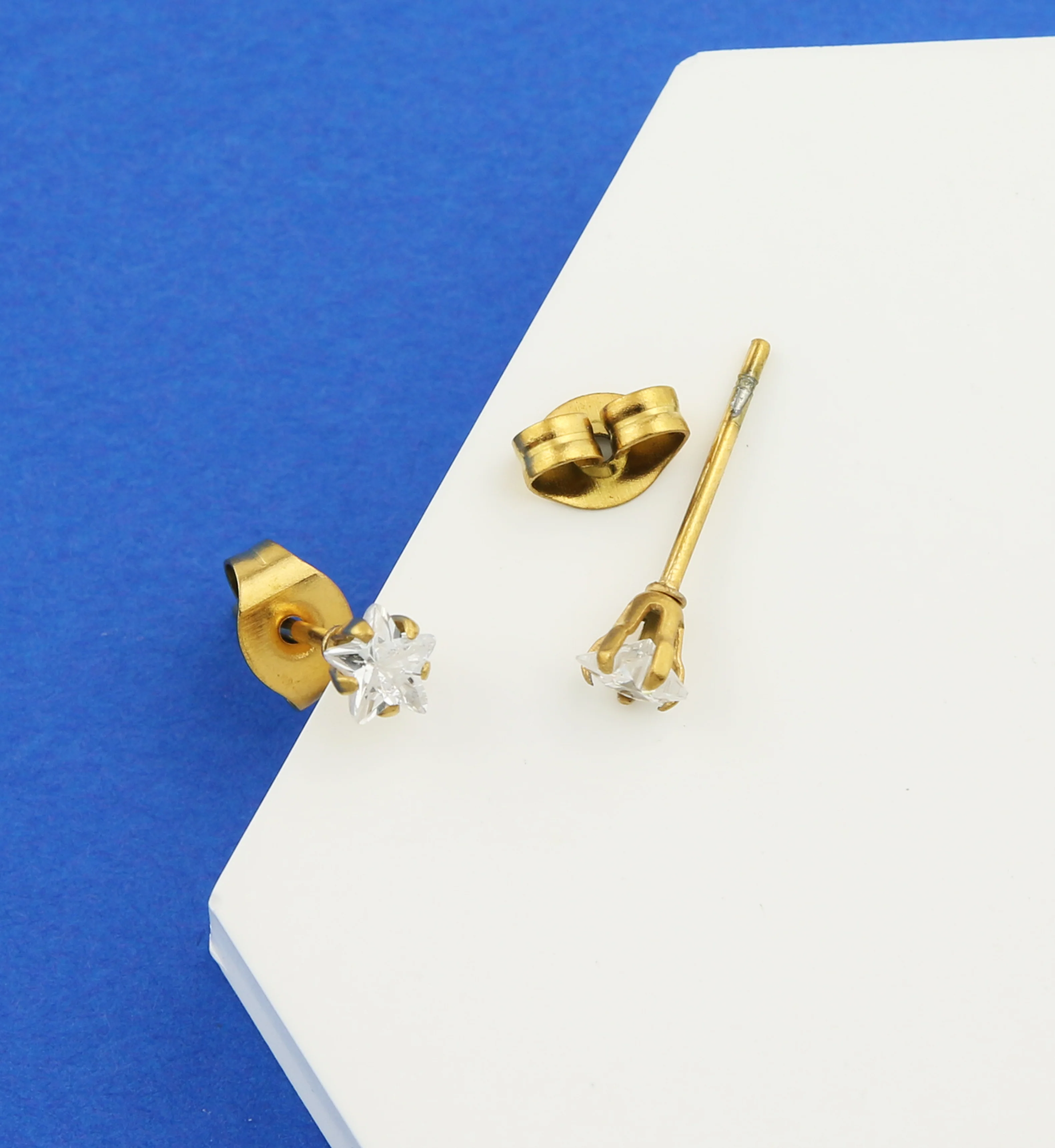 Gold PVD Prong Star Clear CZ Stainless Steel Stud Earrings - Image 2