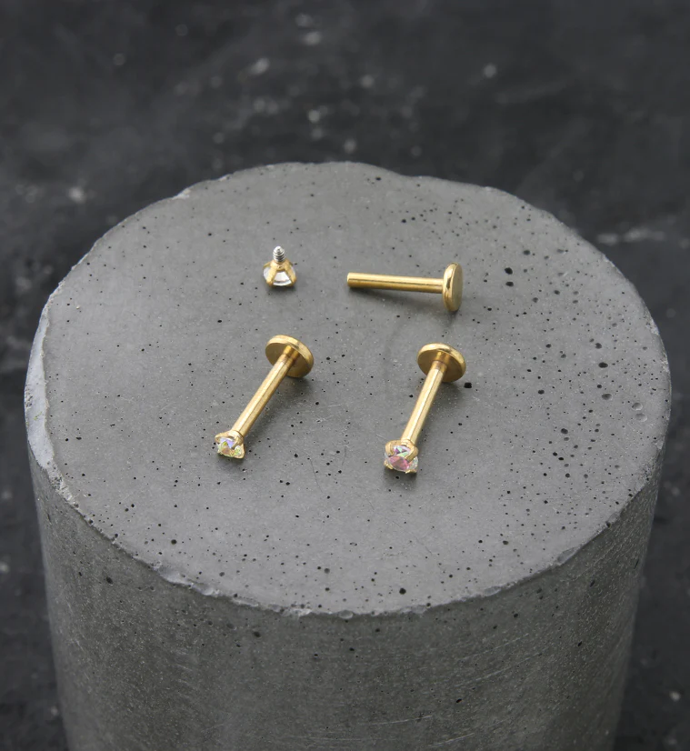 Gold PVD Rainbow Aurora Prong CZ Stainless Steel Internally Threaded Labret - Image 2