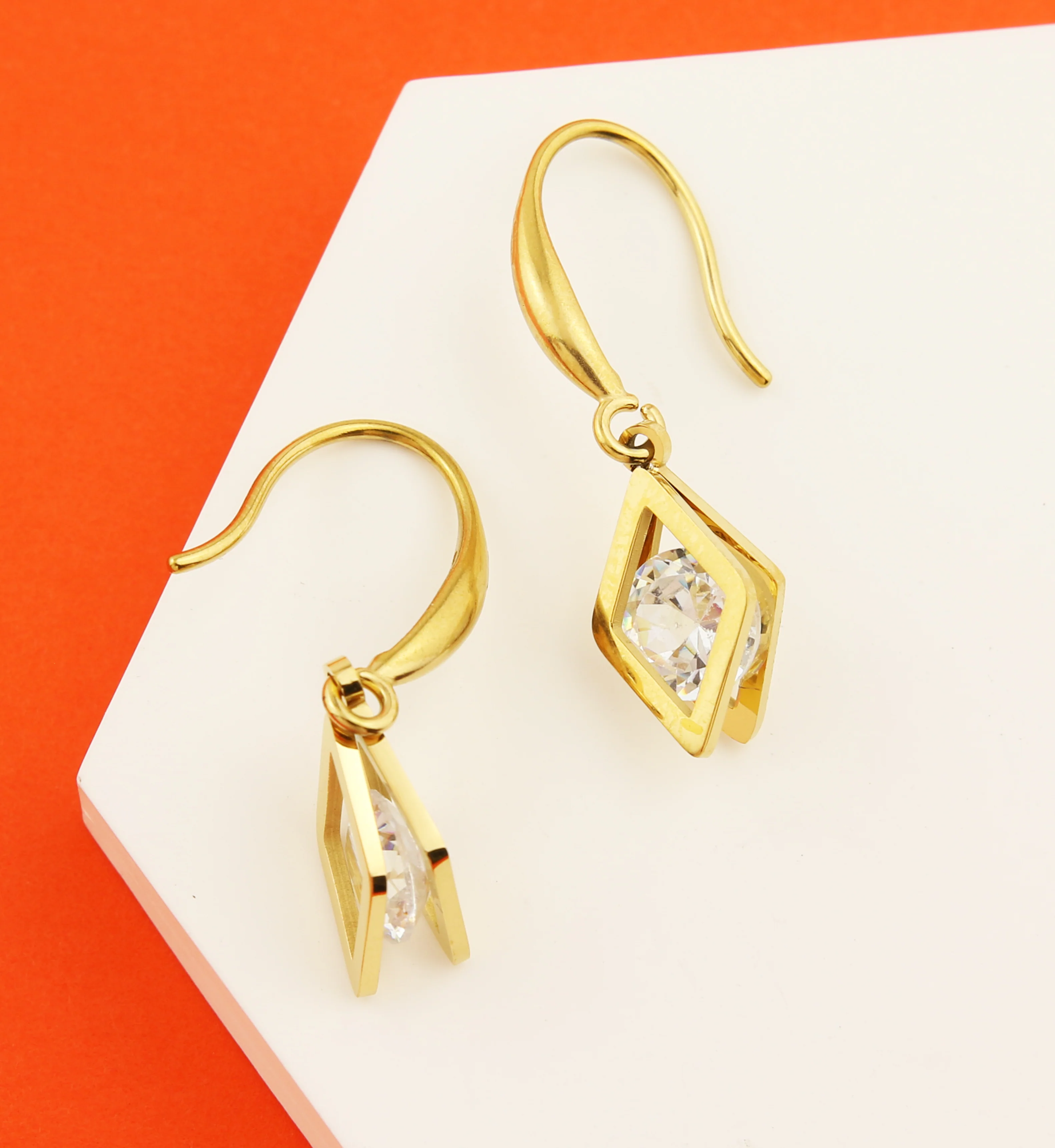 Gold PVD Rhombus Clear CZ Dangle Stainless Steel Earrings - Image 2