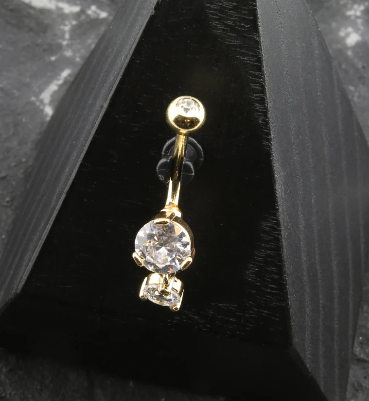 Gold PVD Round Clear CZ Dangle Stainless Steel Belly Button Ring - Image 2