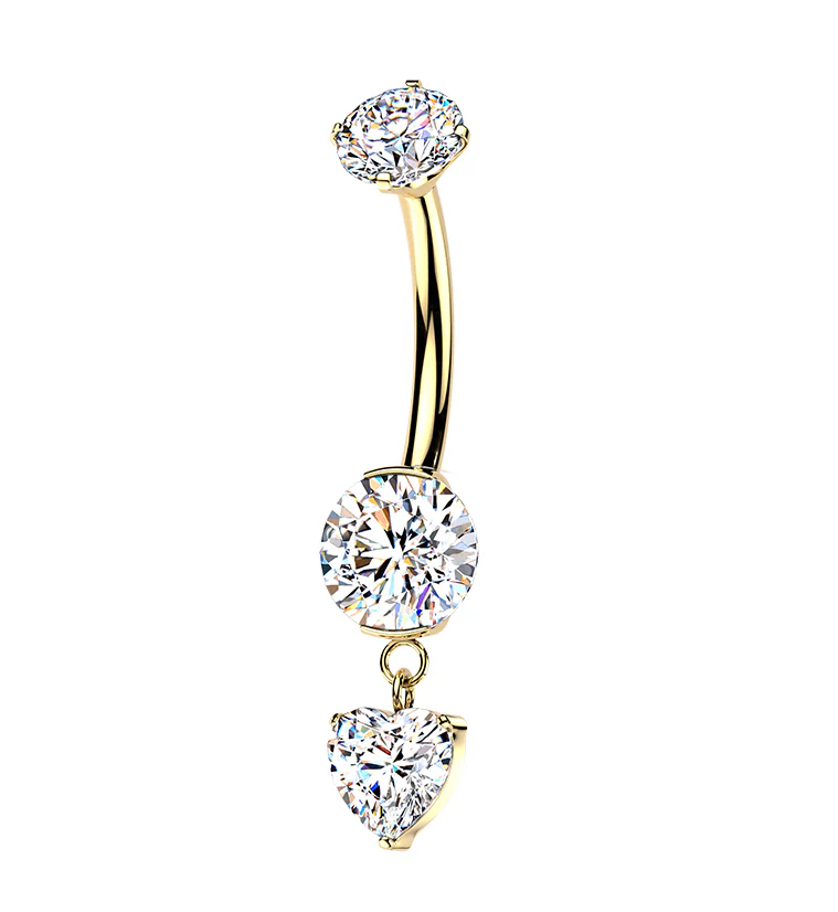 Gold PVD Round Clear CZ Heart Dangle Titanium Internally Threaded Belly Button Ring