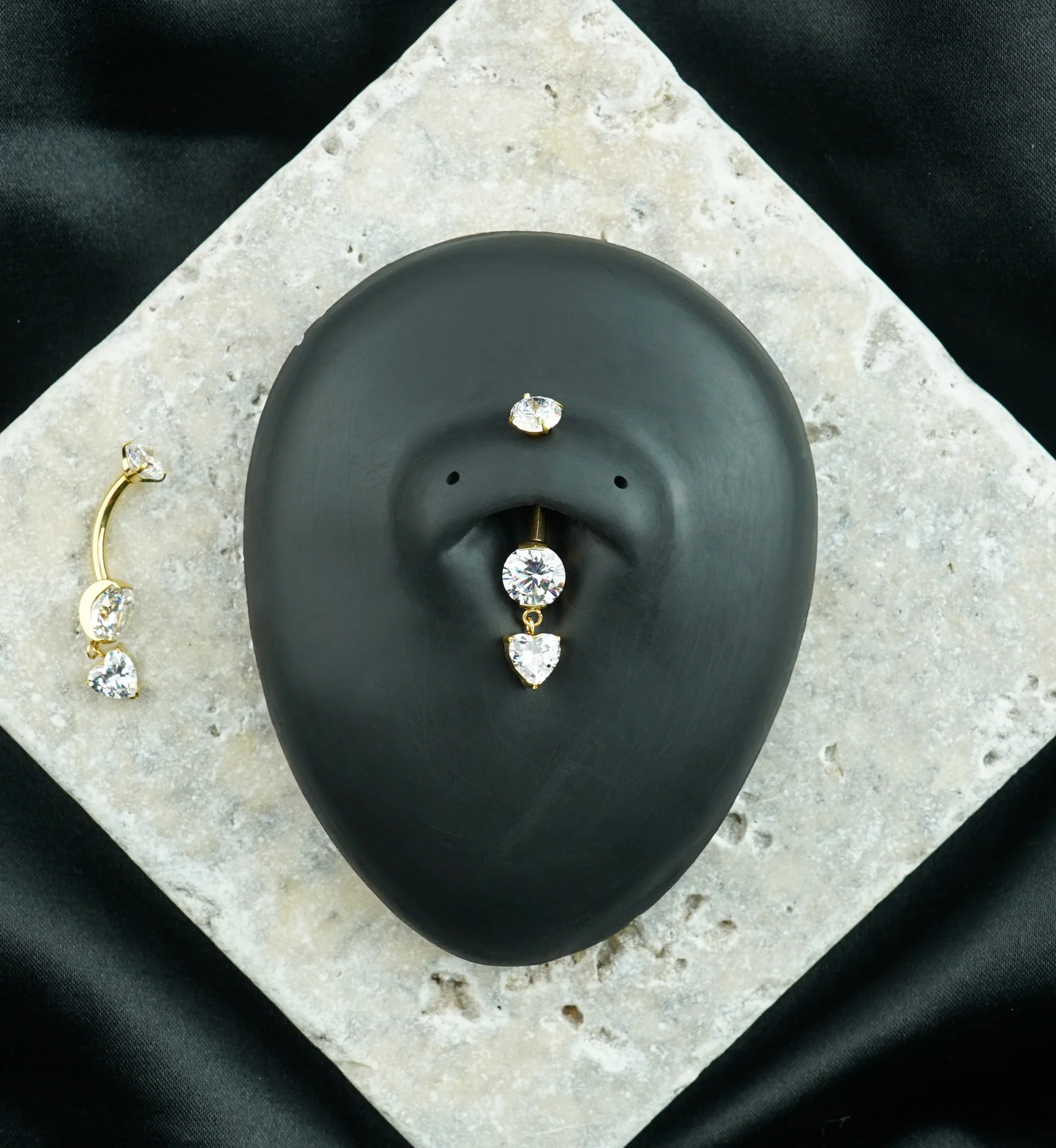 Gold PVD Round Clear CZ Heart Dangle Titanium Internally Threaded Belly Button Ring - Image 2