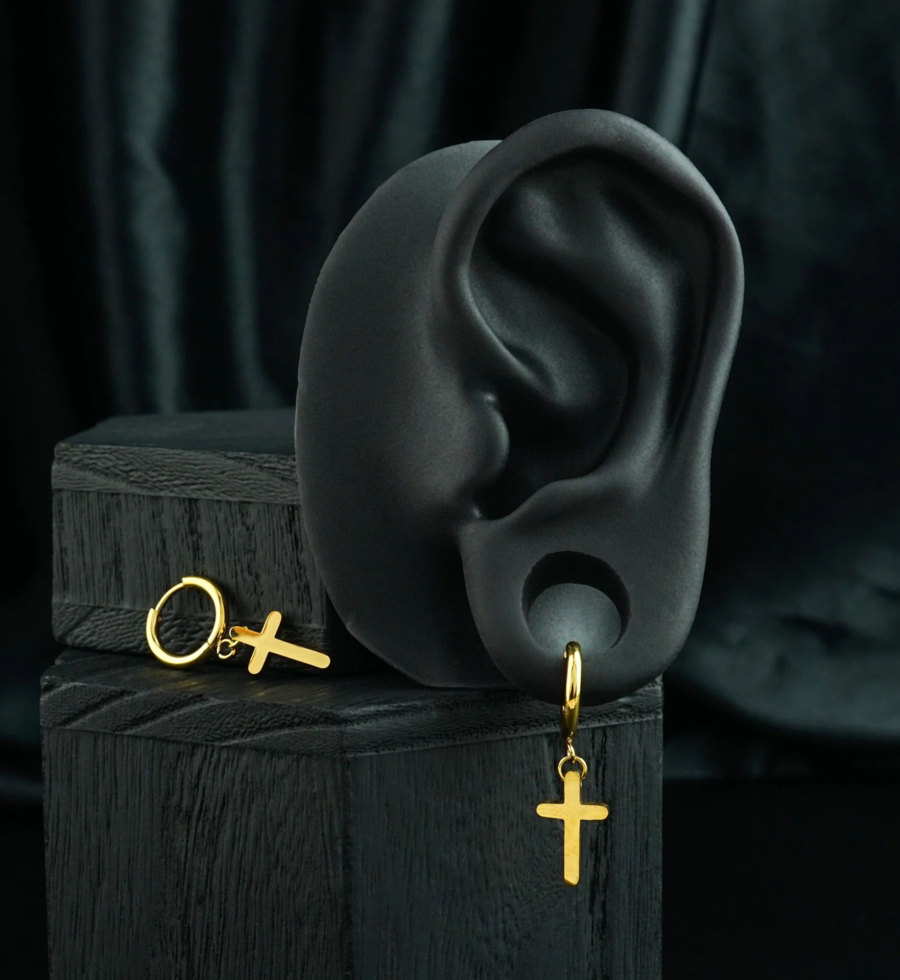 Gold PVD Rounded Cross Stainless Steel Hinged Hoop Huggie Dangle Earrings - Image 2