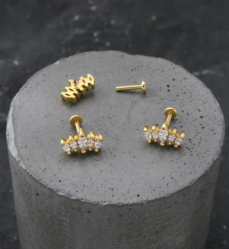 Gold PVD Royal Marquise Clear CZ Stainless Steel Internally Threaded Labret - Image 2
