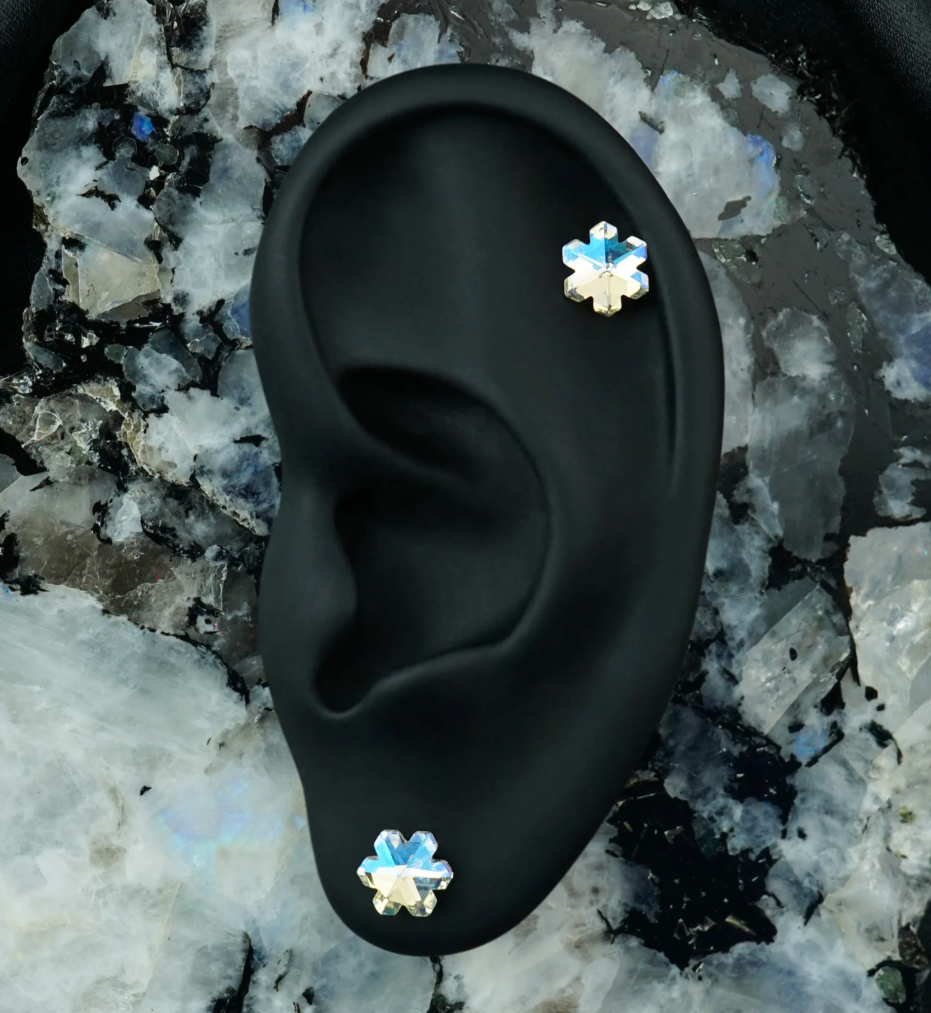 Gold PVD Snowflake Iridescent CZ Stainless Steel Flower Back Stud Earrings - Image 2