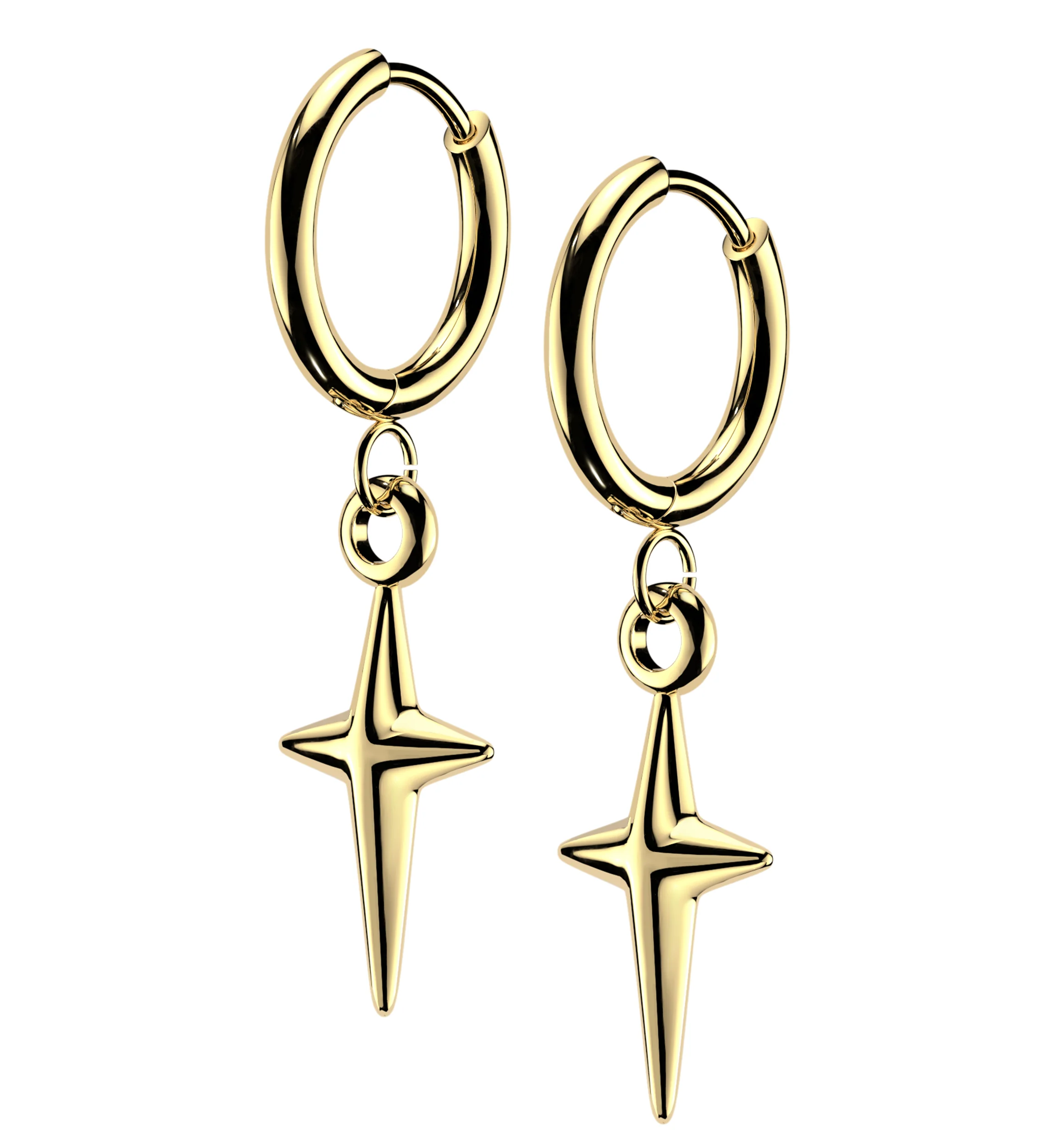Gold PVD Solid Four Point Star Stainless Steel Hinged Earrings