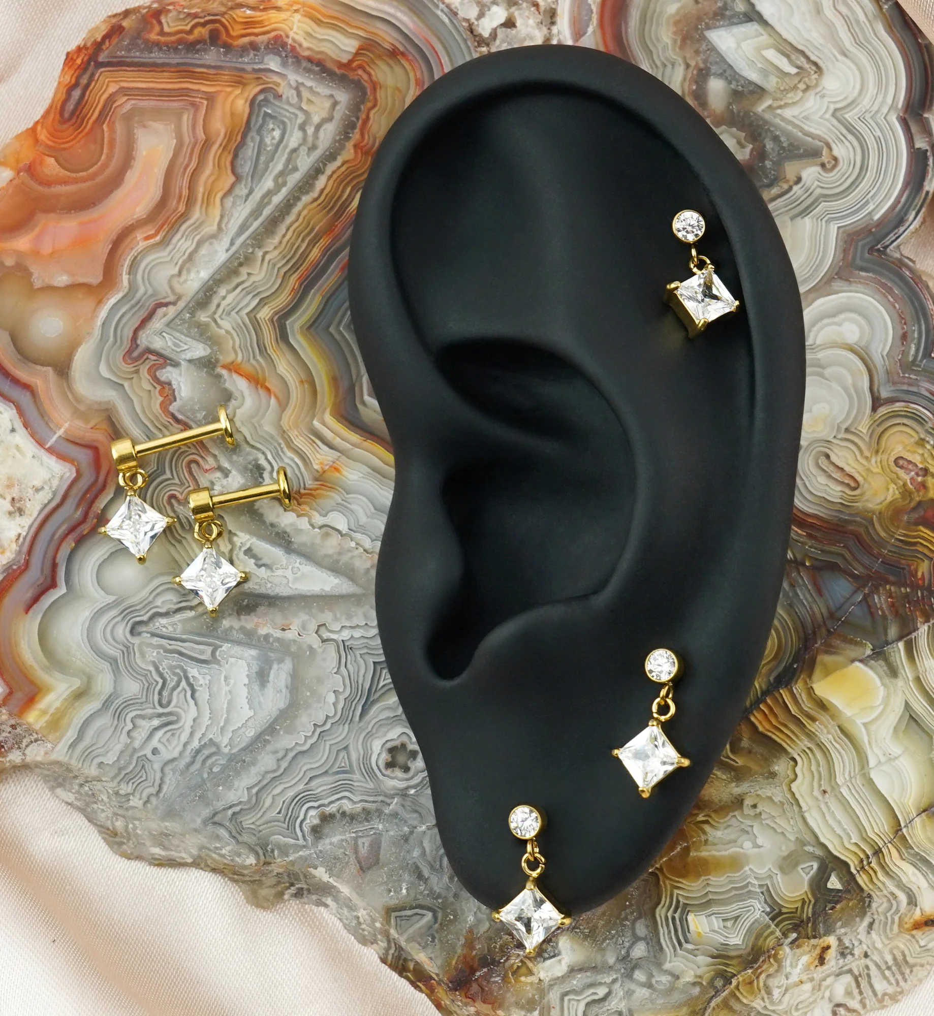 Gold PVD Square CZ Dangle Internally Threaded Stainless Steel Labret - Image 2