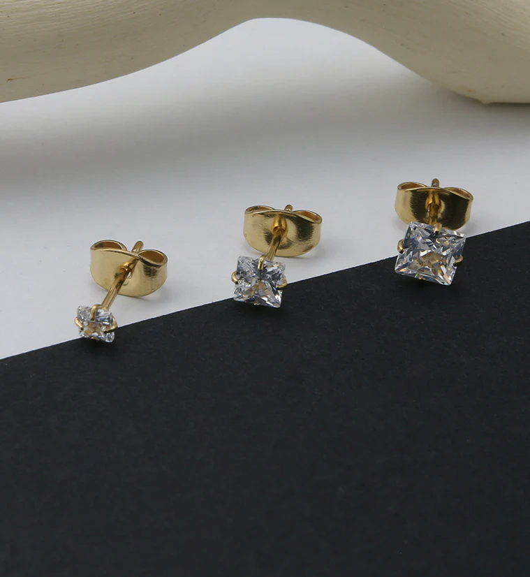 Gold PVD Square Prong CZ Titanium Earrings - Image 2
