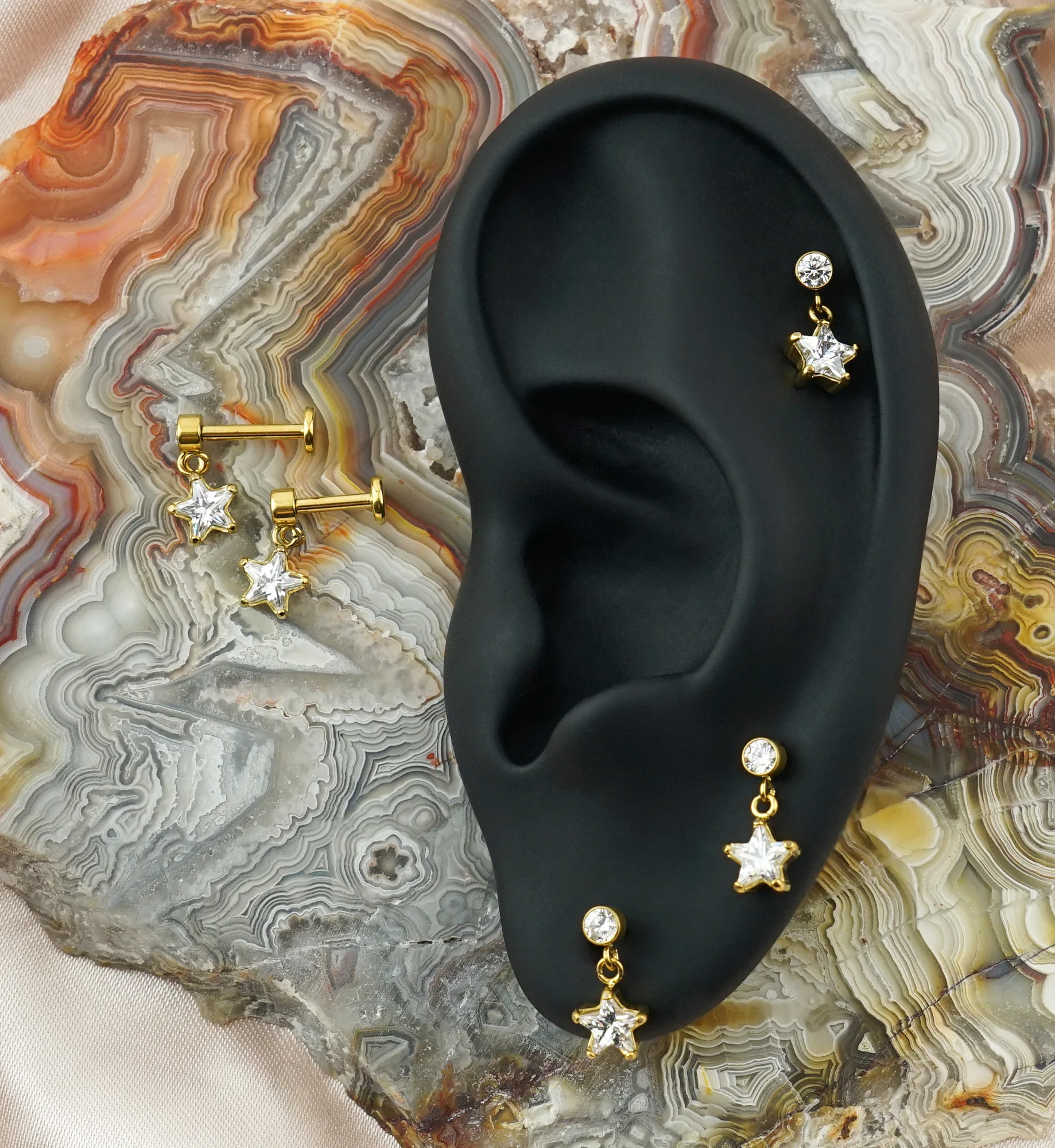 Gold PVD Star Prong CZ Dangle Internally Threaded Stainless Steel Labret - Image 2