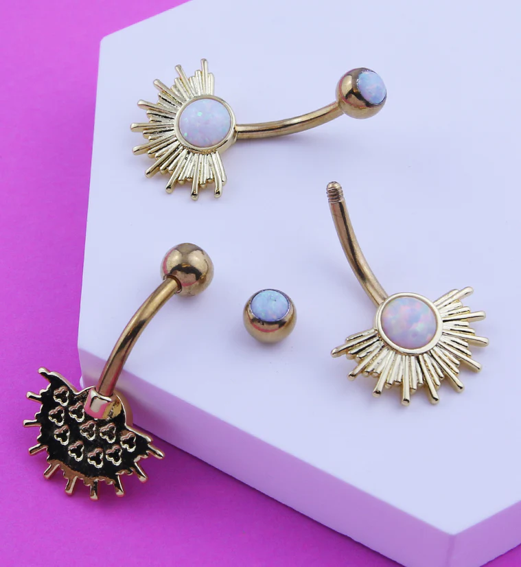 Gold PVD Sunburst White Opalite Stainless Steel Belly Button Ring - Image 2