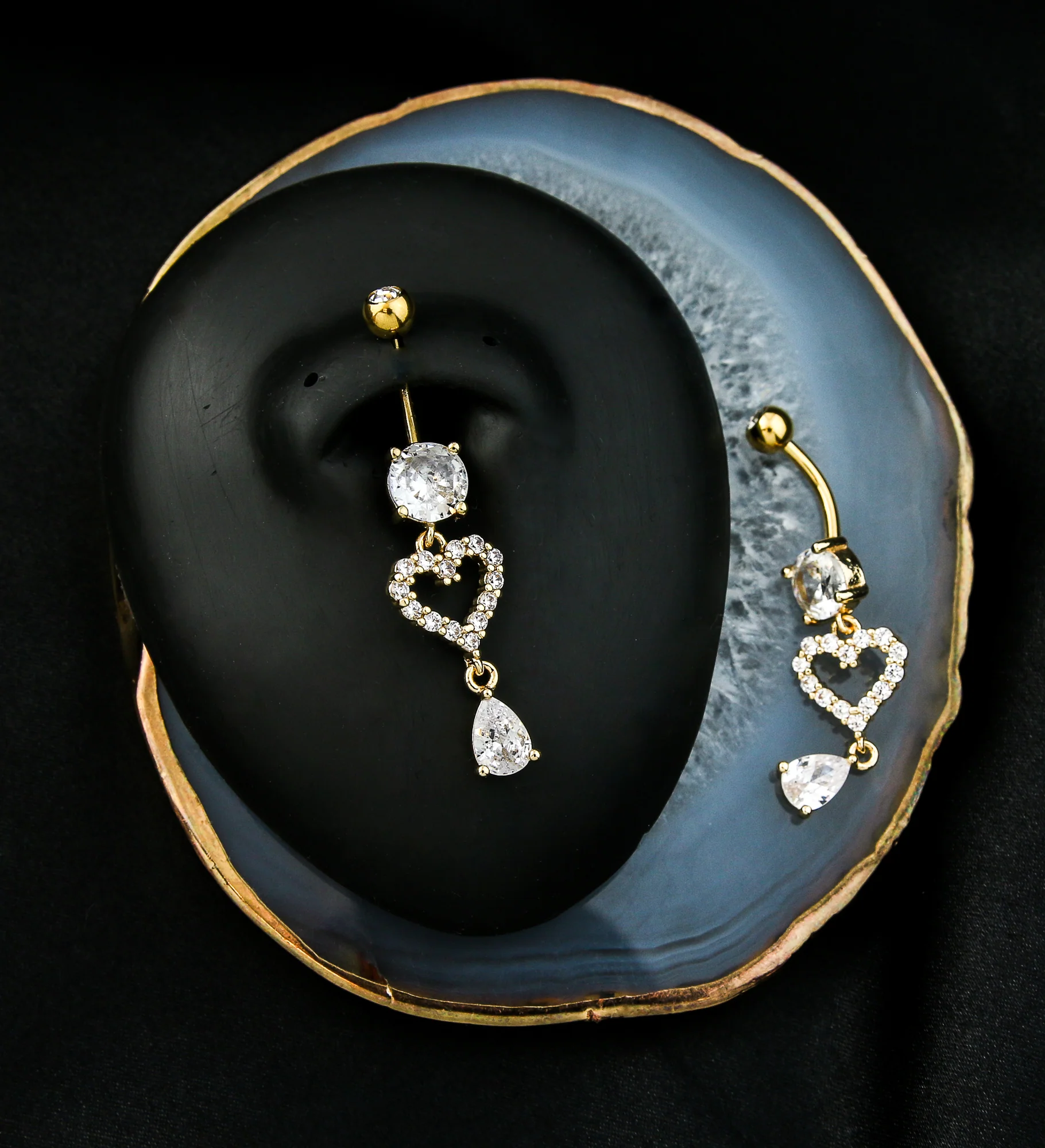Gold PVD Sweetheart Teardrop Clear CZ Dangle Stainless Steel Belly Button Ring - Image 2