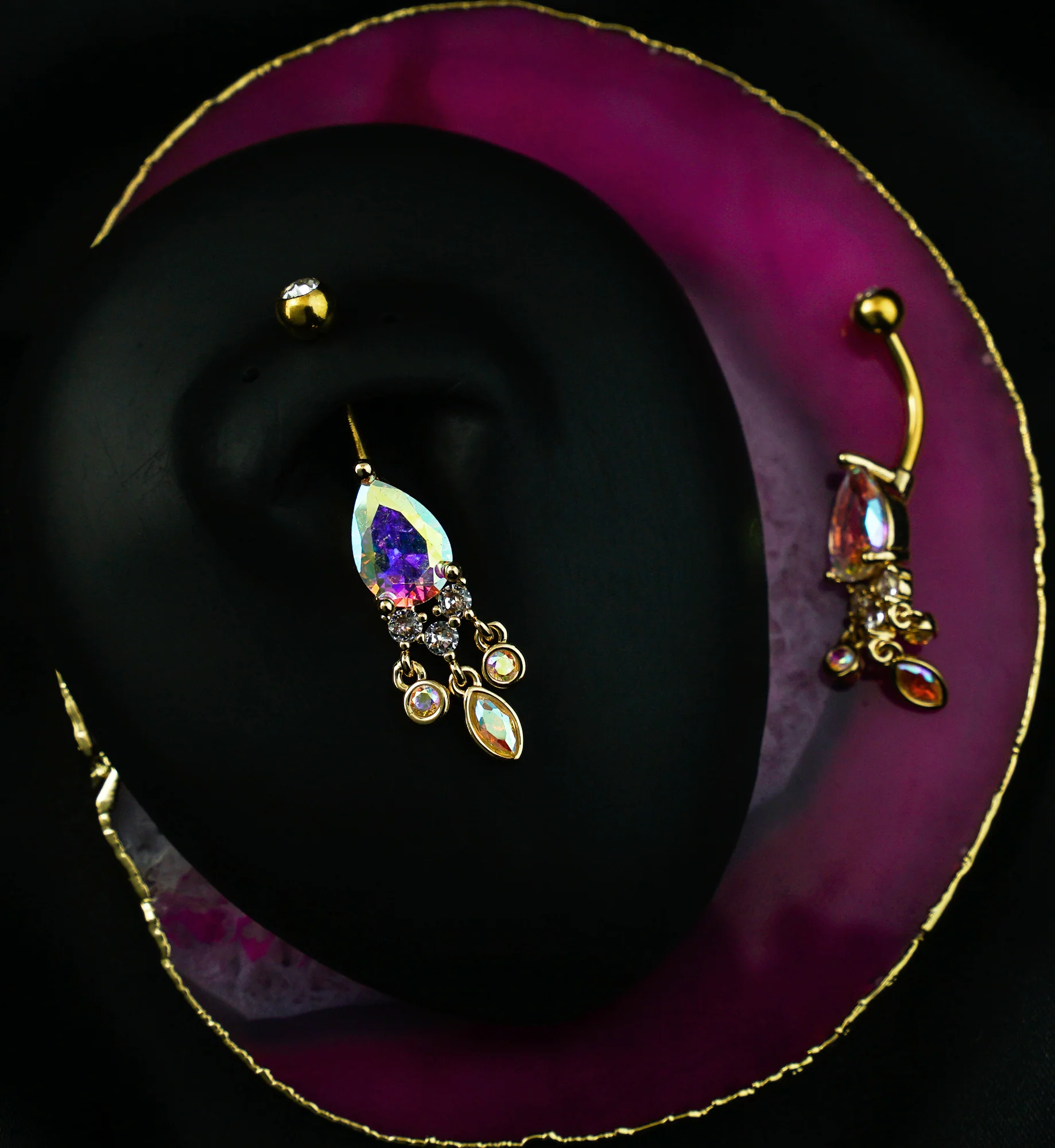 Gold PVD Teardrop Rainbow Aurora CZ Triple Dangle Stainless Steel Belly Button Ring - Image 2
