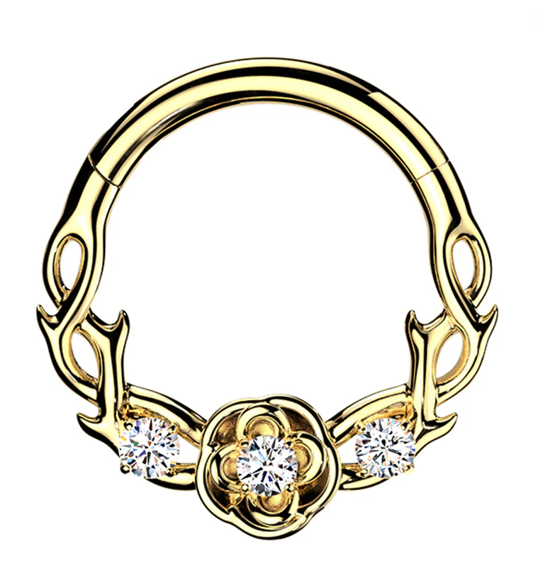 Gold PVD Thorned Rose CZ Stainless Steel Hinged Segment Ring