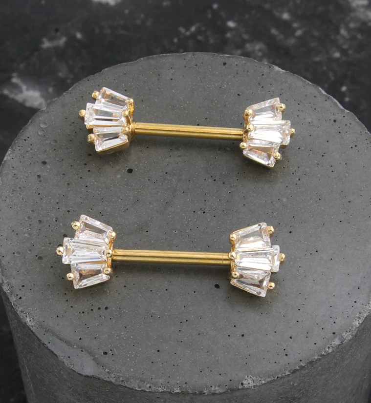 Gold PVD Trinal Clear CZ Stainless Steel Nipple Barbell - Image 2
