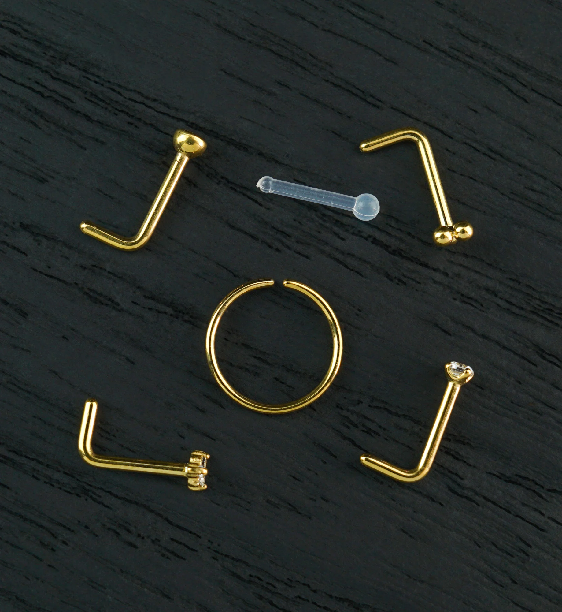 Gold PVD Trinity Clear CZ Stainless Steel L Bend/Stud/Hoop Variety Nose Ring Pack (6 Pc)